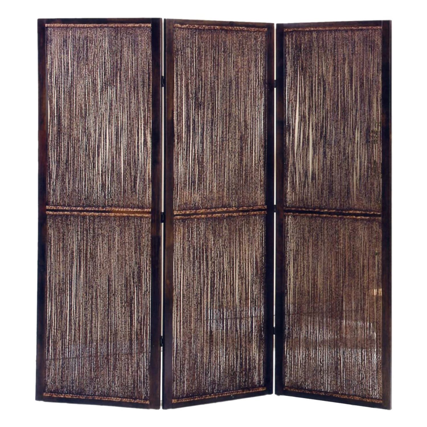 Dark Wood and Water Hyacinth 3 Panel Room Divider Screen showcasing elegant design and sturdy construction.