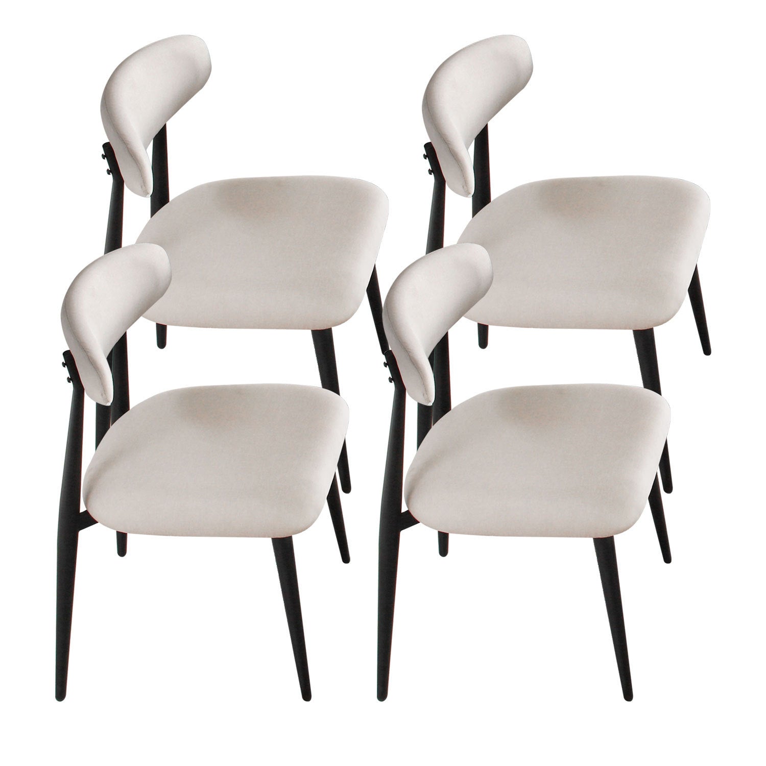 Set of 4 upholstered dining chairs with light grey fabric and sturdy black metal legs, showcasing a modern design suitable for kitchens and dining rooms.