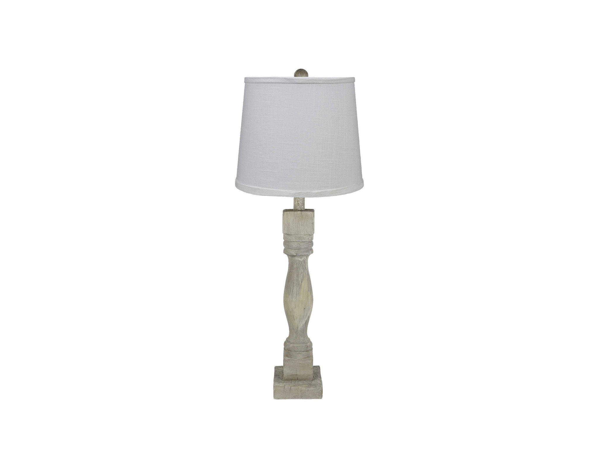 Distressed washed wood finish table lamp with a crisp white shade, showcasing its elegant design and warm lighting.