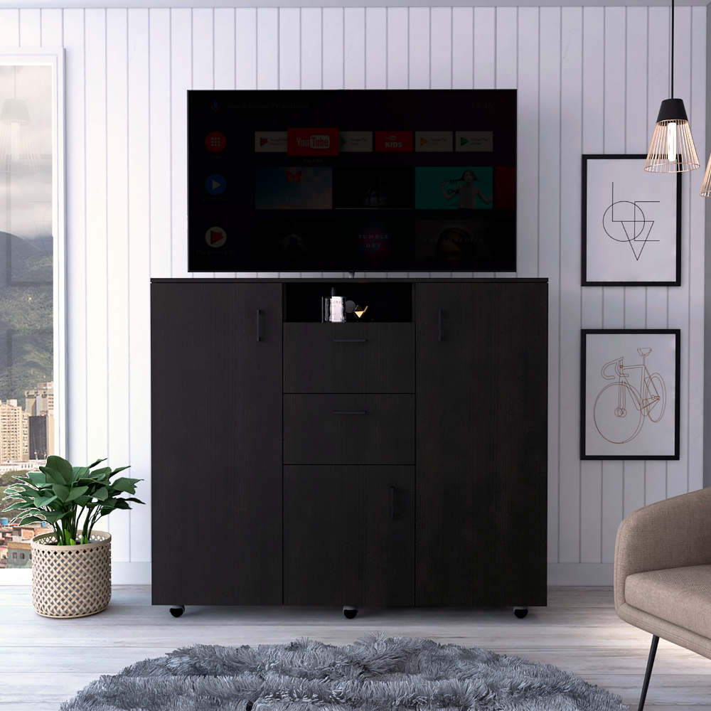 Quizz Double Door Cabinet Dresser in elegant black wengue finish with two drawers and four cabinets, showcasing its stylish design and functionality.