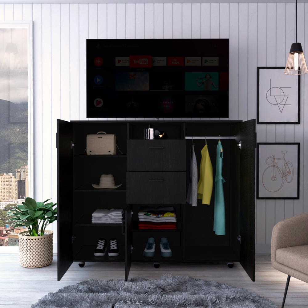 Quizz Double Door Cabinet Dresser in elegant black wengue finish with two drawers and four cabinets, showcasing its stylish design and functionality.