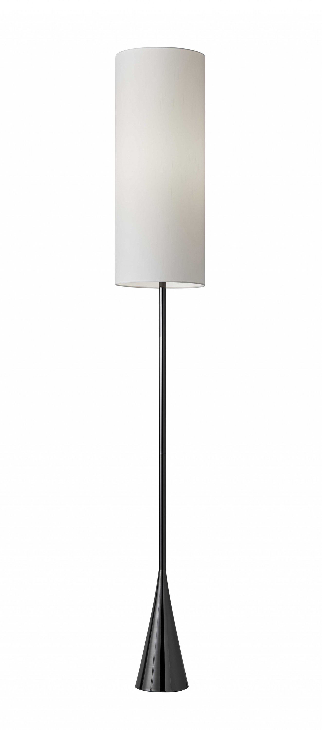 Dramatic floor lamp with a bell-shaped base in black nickel finish, featuring a tall white cylindrical shade.