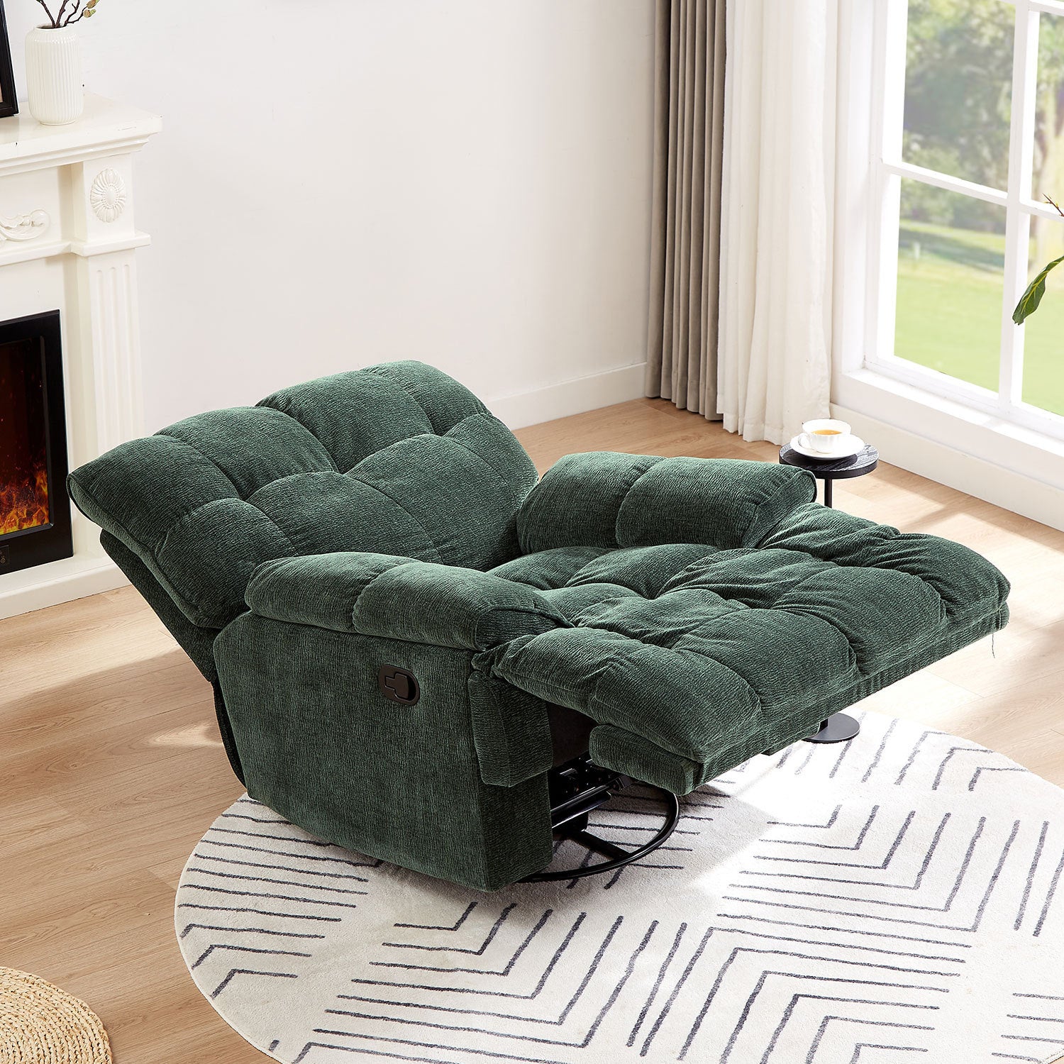 Ergonomic Glider 360 Degree Swivel Chair in dark green, featuring overstuffed design and manual rocking functionality, perfect for living rooms.