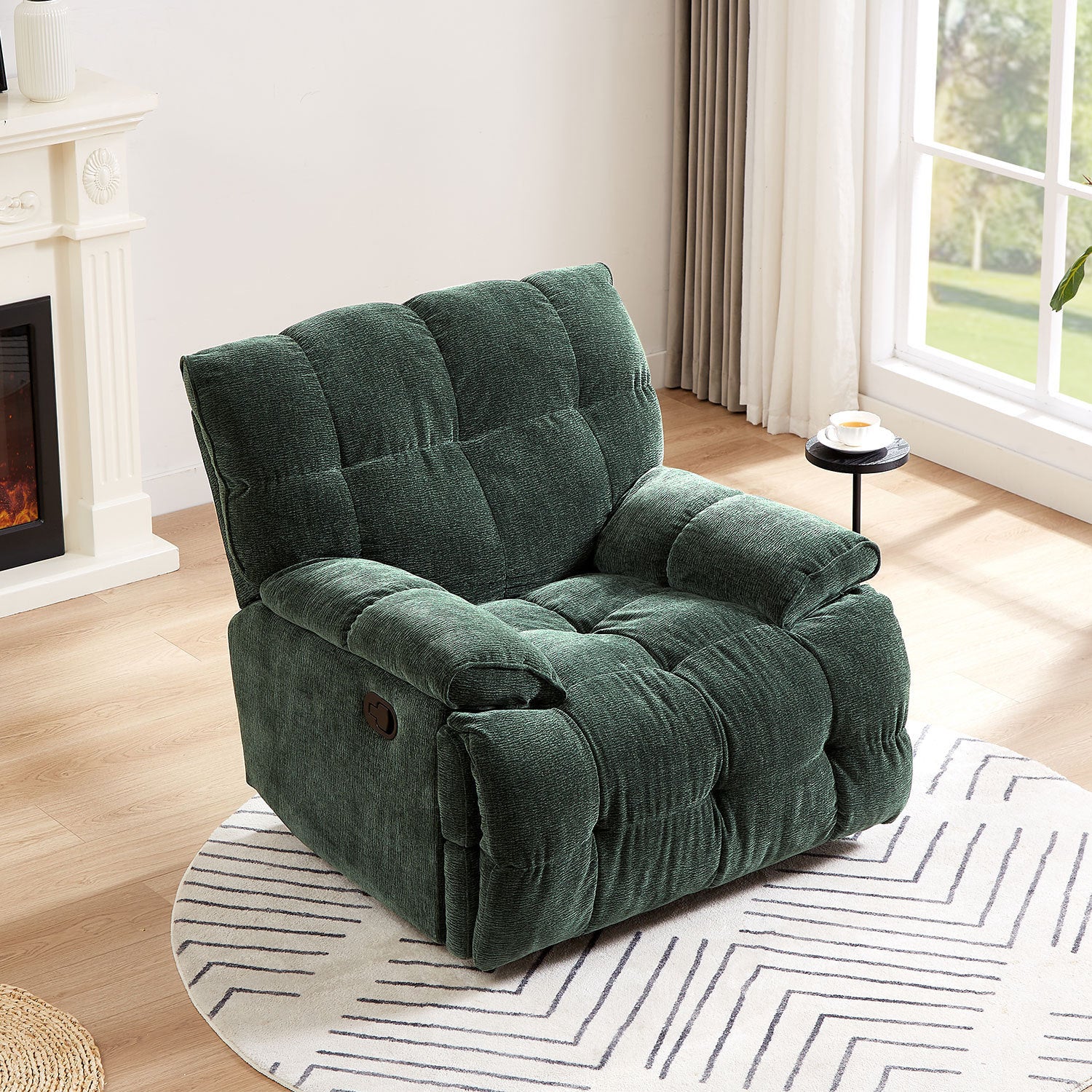 Ergonomic Glider 360 Degree Swivel Chair in dark green, featuring overstuffed design and manual rocking functionality, perfect for living rooms.