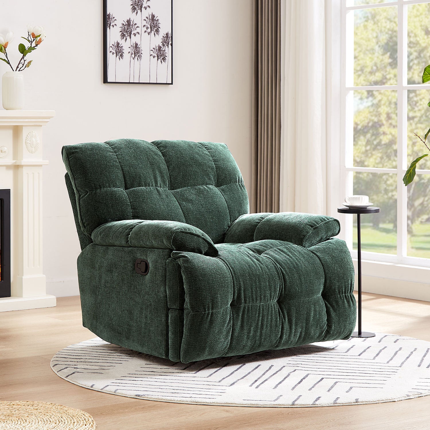 Ergonomic Glider 360 Degree Swivel Chair in dark green, featuring overstuffed design and manual rocking functionality, perfect for living rooms.