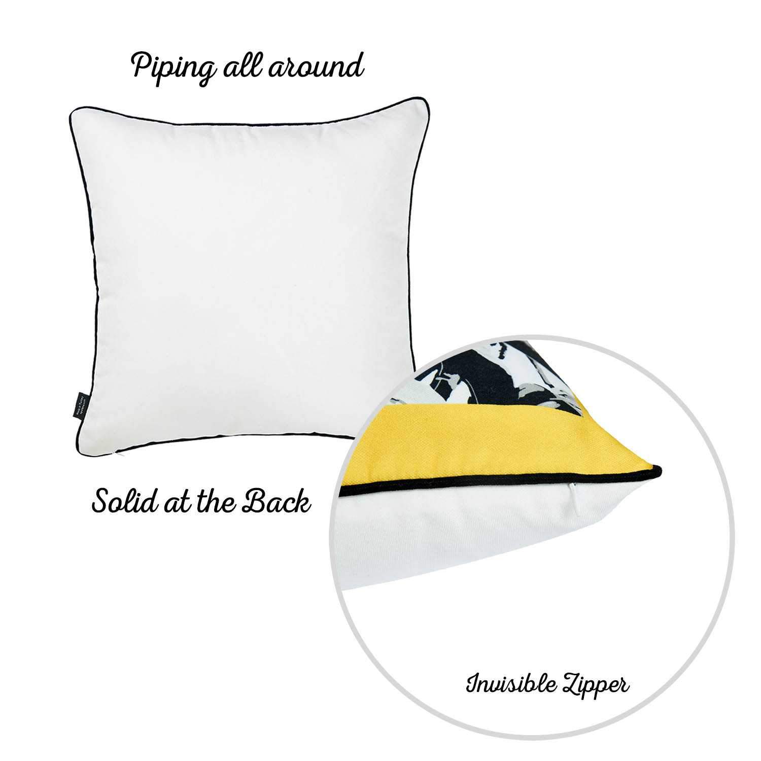 Exotic Palm Black White Yellow Decorative Throw Pillow Cover featuring vibrant tropical patterns and black piping.