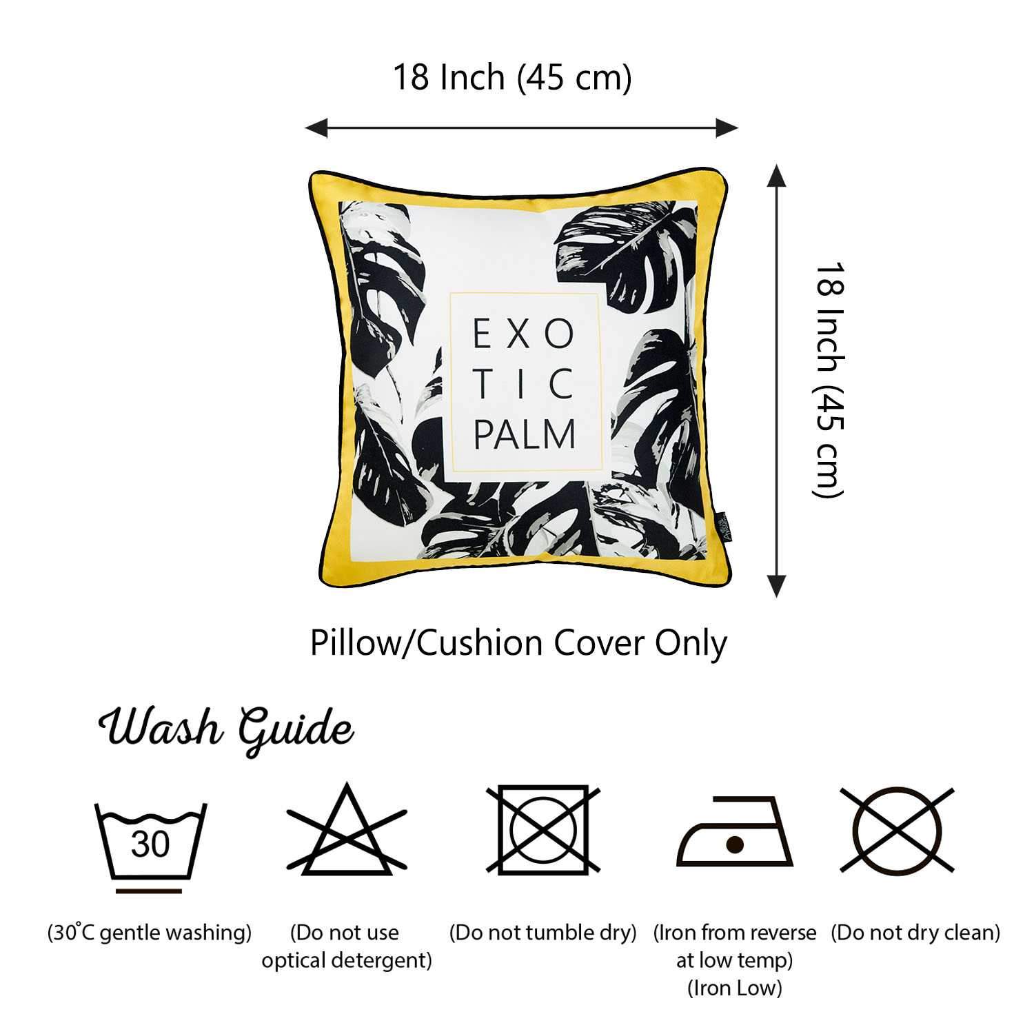 Exotic Palm Black White Yellow Decorative Throw Pillow Cover featuring vibrant tropical patterns and black piping.