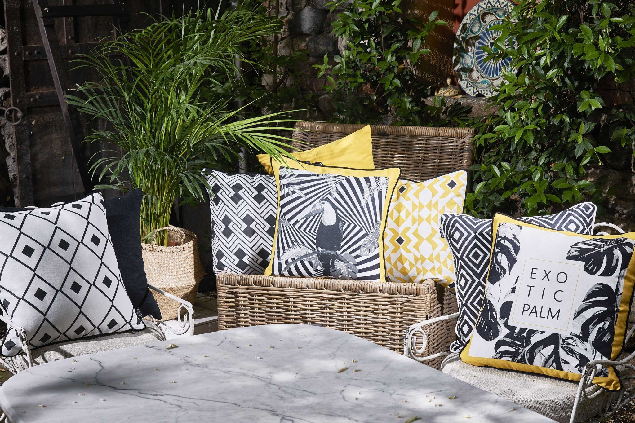 Exotic Palm Black White Yellow Decorative Throw Pillow Cover featuring vibrant tropical patterns and black piping.