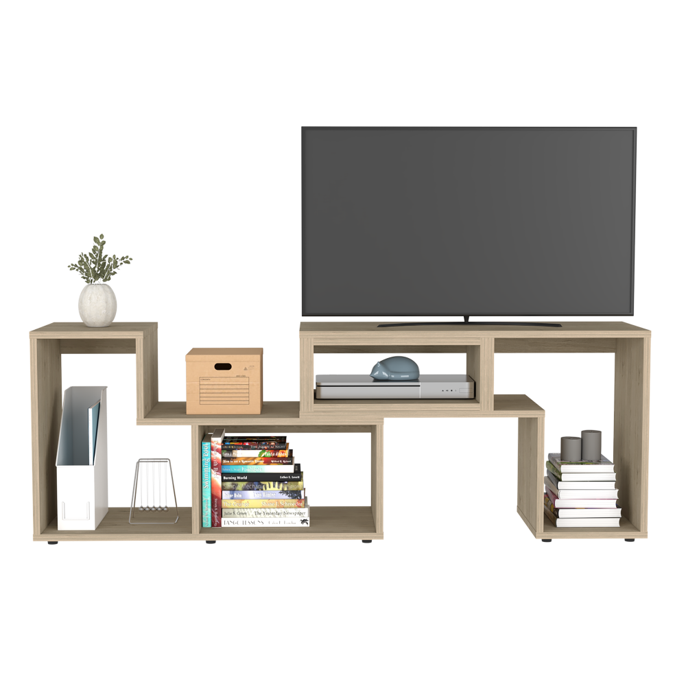Houston Extendable TV Stand in light pine finish with multiple shelves, designed for modern living rooms.