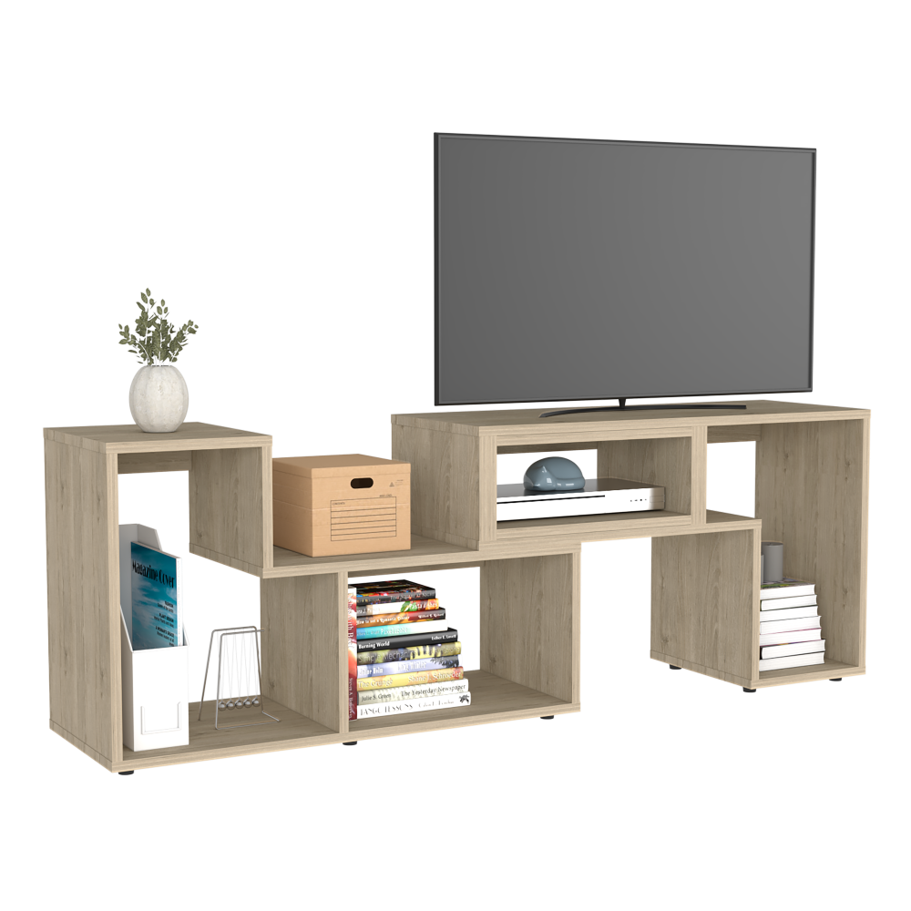 Houston Extendable TV Stand in light pine finish with multiple shelves, designed for modern living rooms.