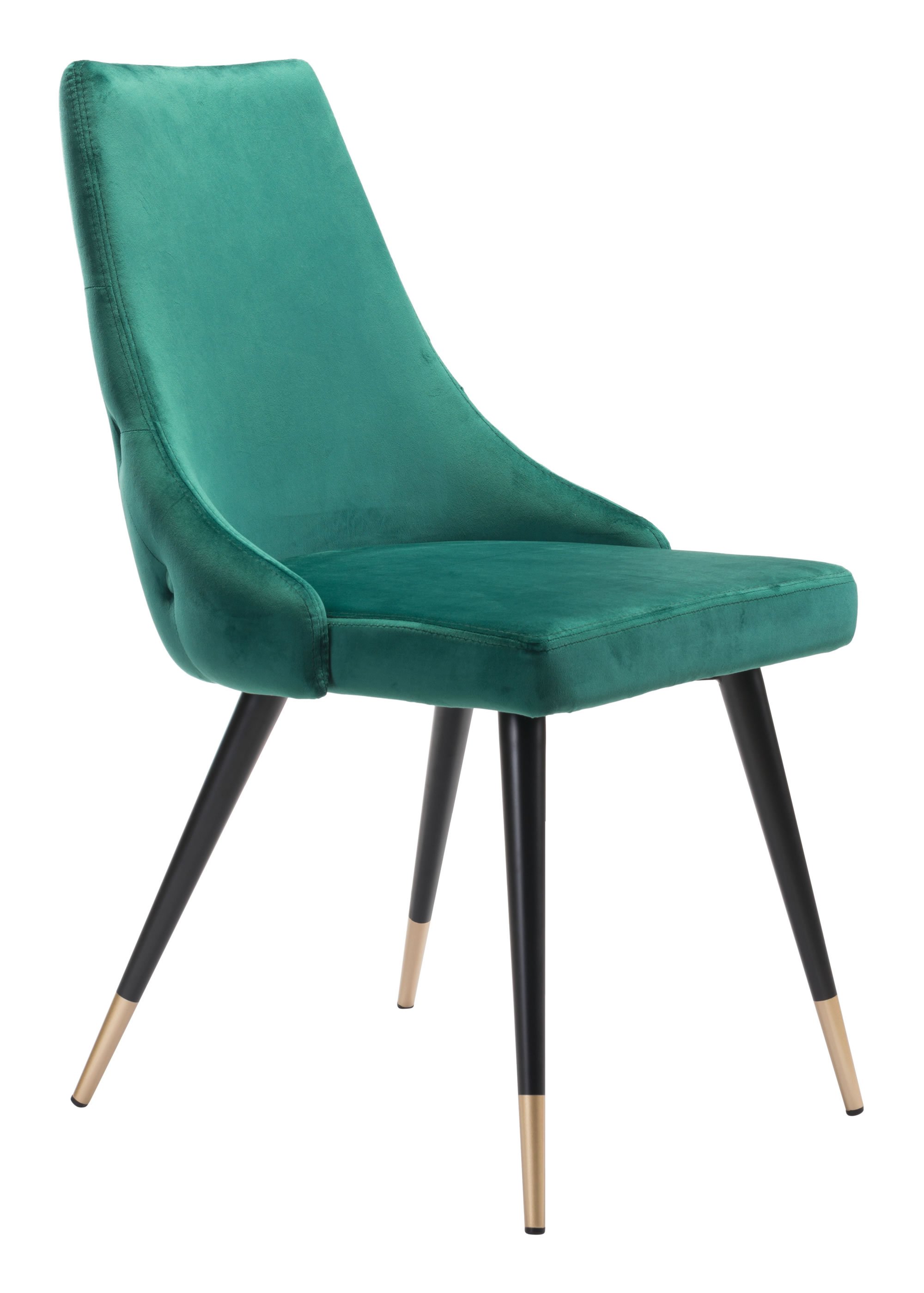 Set of two fashionable emerald green velvet dining chairs with button tufting and brushed brass legs.