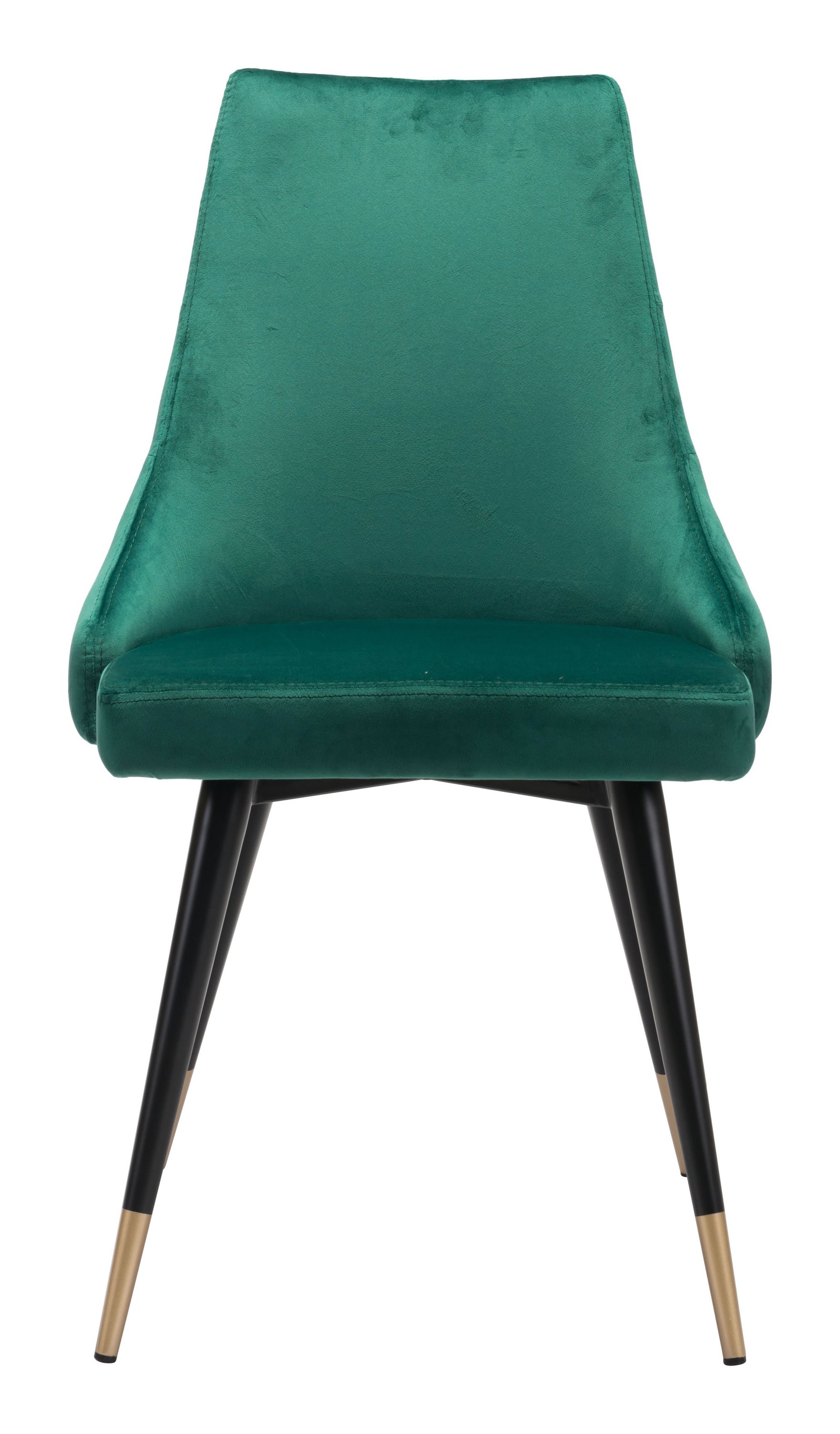 Set of two fashionable emerald green velvet dining chairs with button tufting and brushed brass legs.