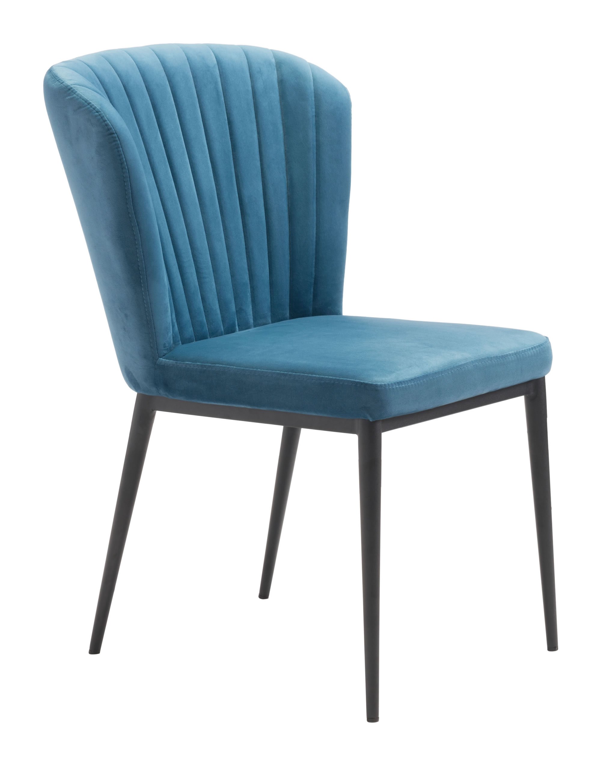 Set of 2 fashionable teal blue tufted velvet dining or side chairs with flared backs and slim steel legs, showcasing an elegant art deco design.