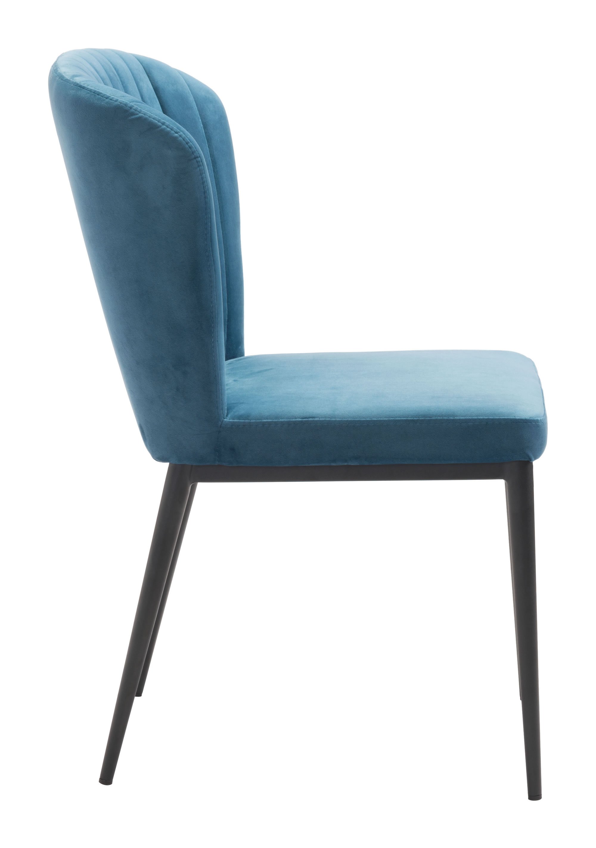 Set of 2 fashionable teal blue tufted velvet dining or side chairs with flared backs and slim steel legs, showcasing an elegant art deco design.