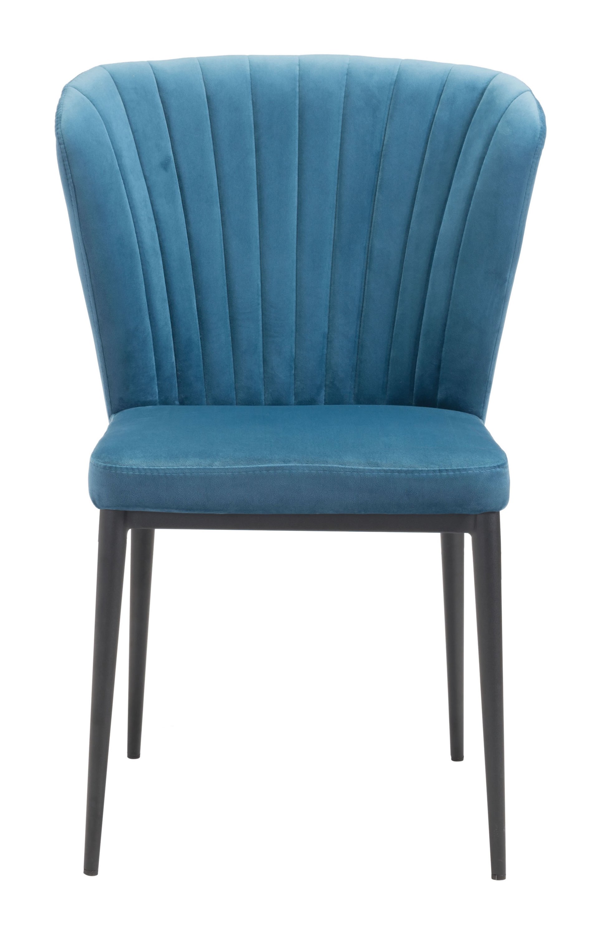 Set of 2 fashionable teal blue tufted velvet dining or side chairs with flared backs and slim steel legs, showcasing an elegant art deco design.