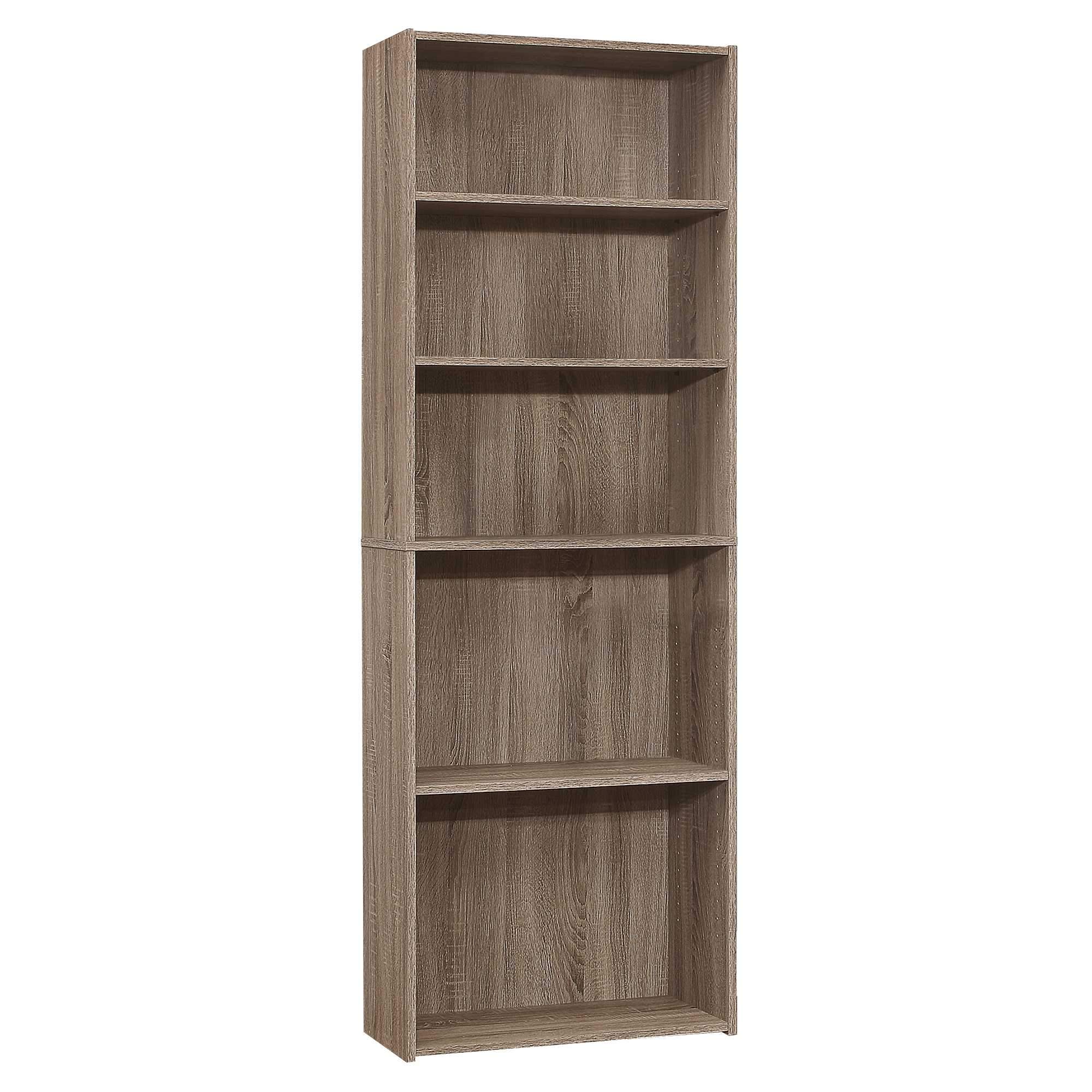 Five Shelf Dark Taupe Bookcase with adjustable shelves and elegant design, perfect for home storage and display.