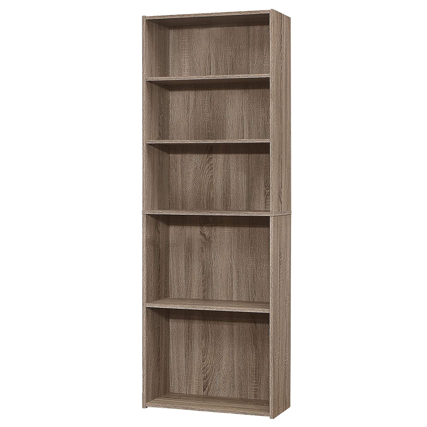 Five Shelf Dark Taupe Bookcase with adjustable shelves and elegant design, perfect for home storage and display.