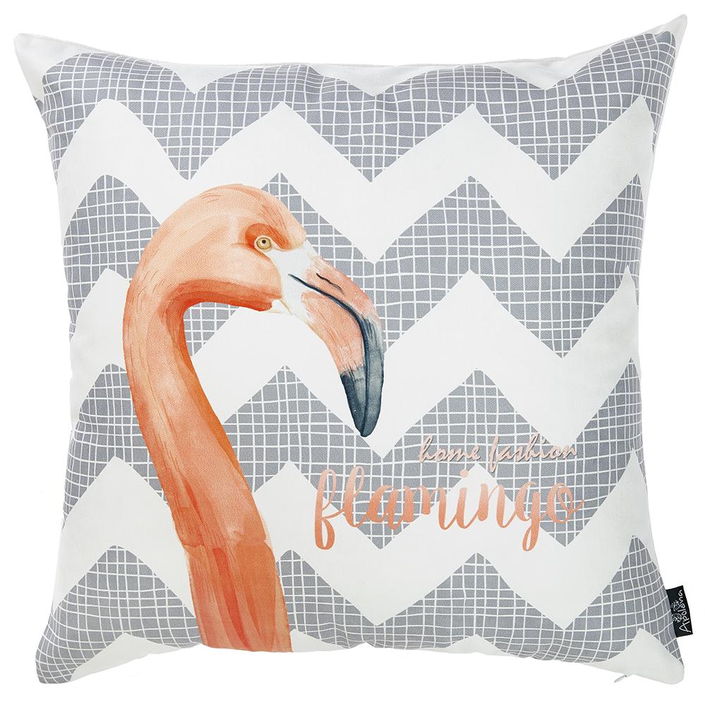 Flamingo and Gray Chevron Decorative Throw Pillow Cover showcasing vibrant tropical patterns and a hidden zipper closure.