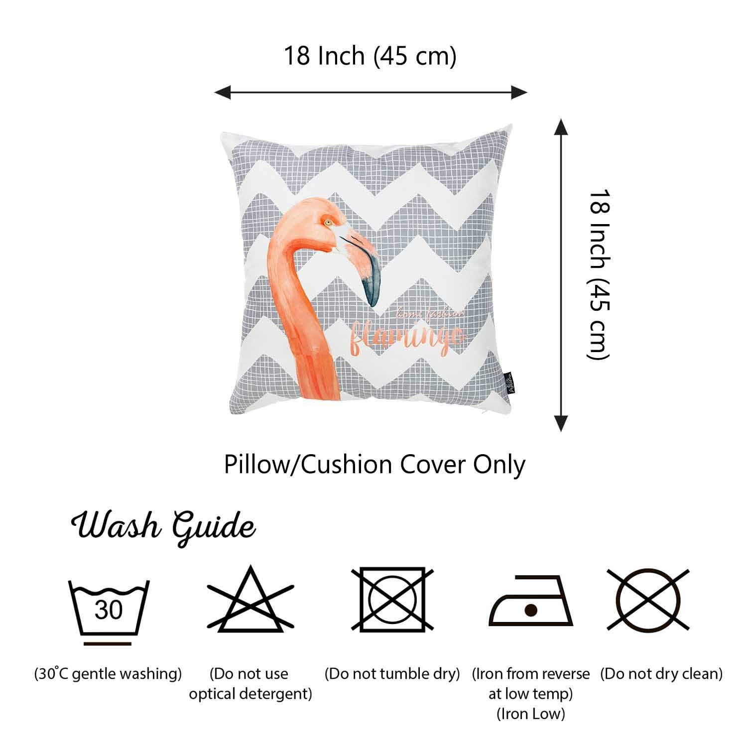 Flamingo and Gray Chevron Decorative Throw Pillow Cover showcasing vibrant tropical patterns and a hidden zipper closure.