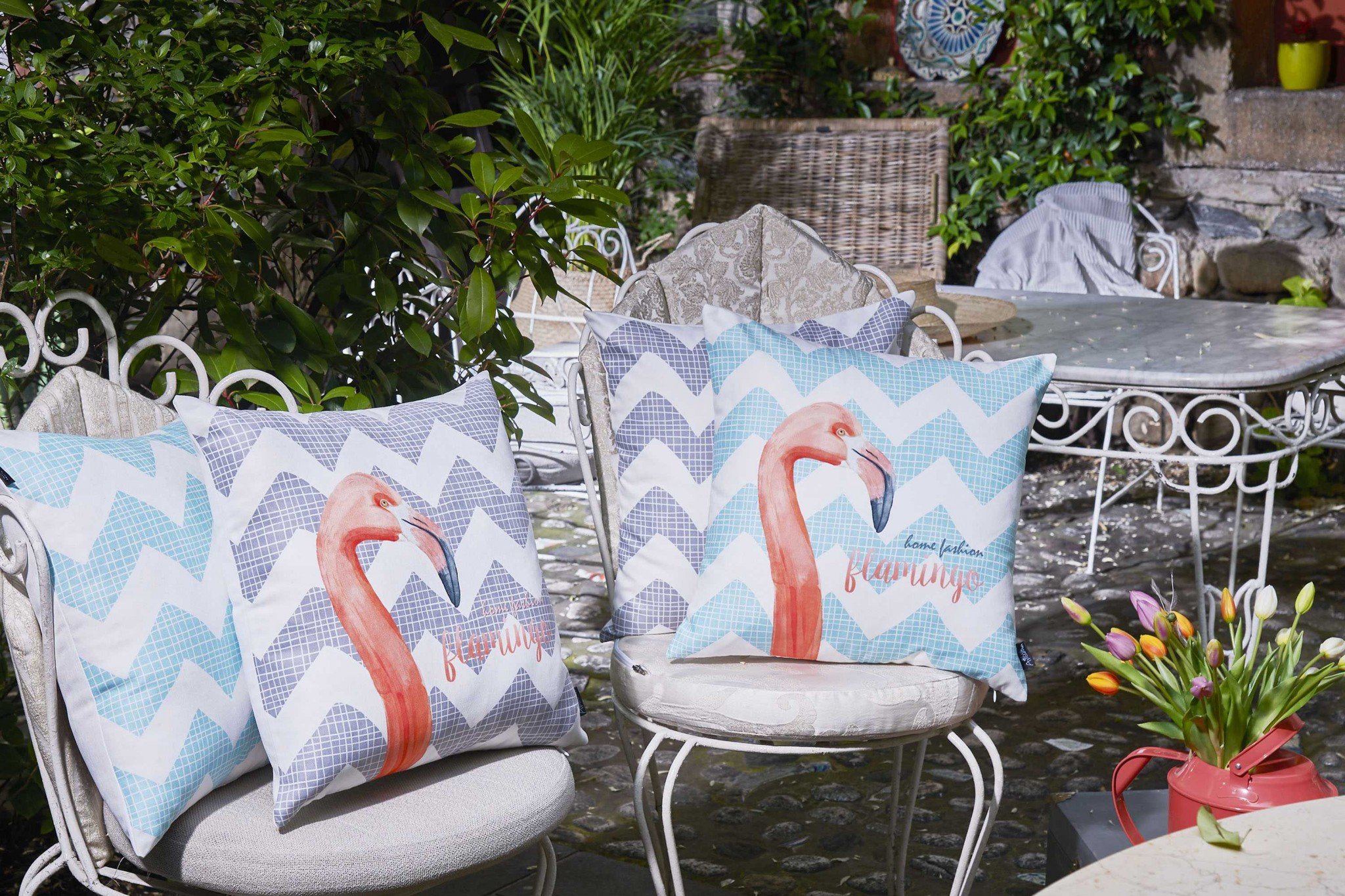 Flamingo and Gray Chevron Decorative Throw Pillow Cover showcasing vibrant tropical patterns and a hidden zipper closure.