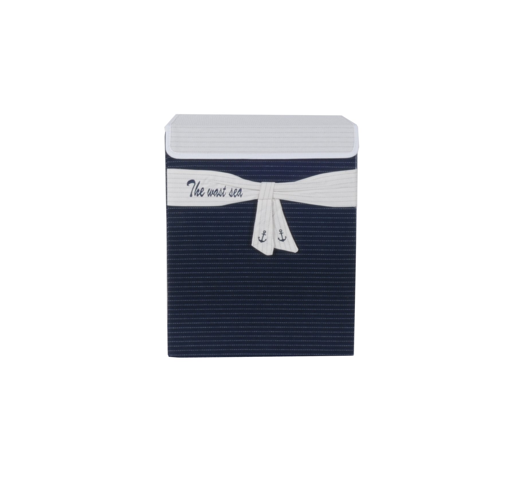 Foldable navy blue fabric lined storage basket, spacious and stylish, perfect for organizing pillows, blankets, and laundry.