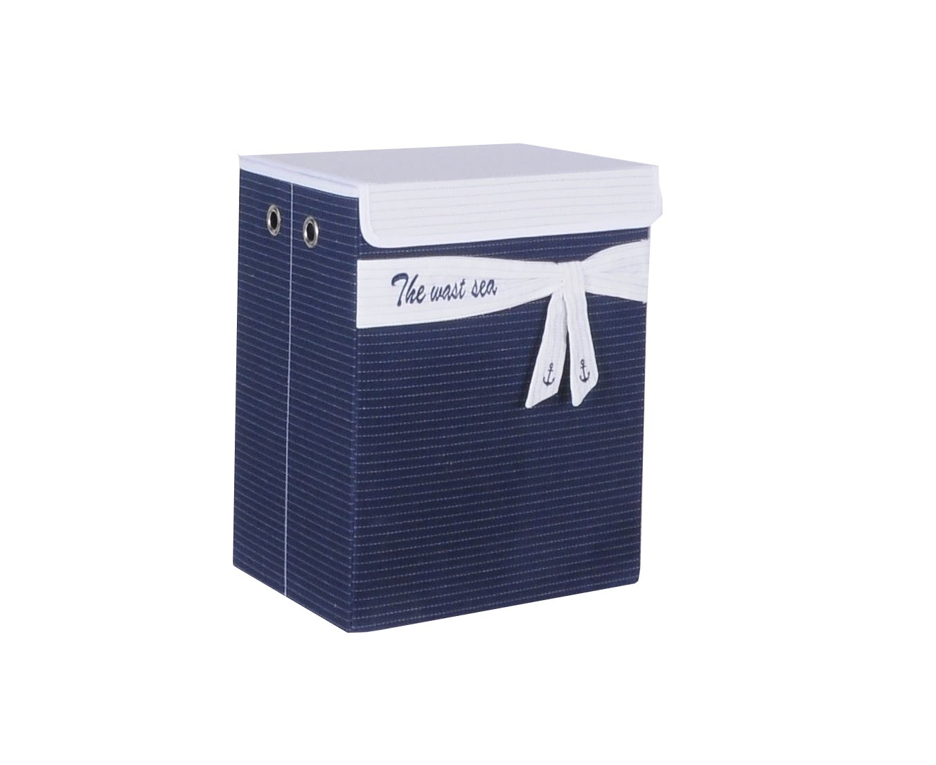 Foldable navy blue fabric lined storage basket, spacious and stylish, perfect for organizing pillows, blankets, and laundry.