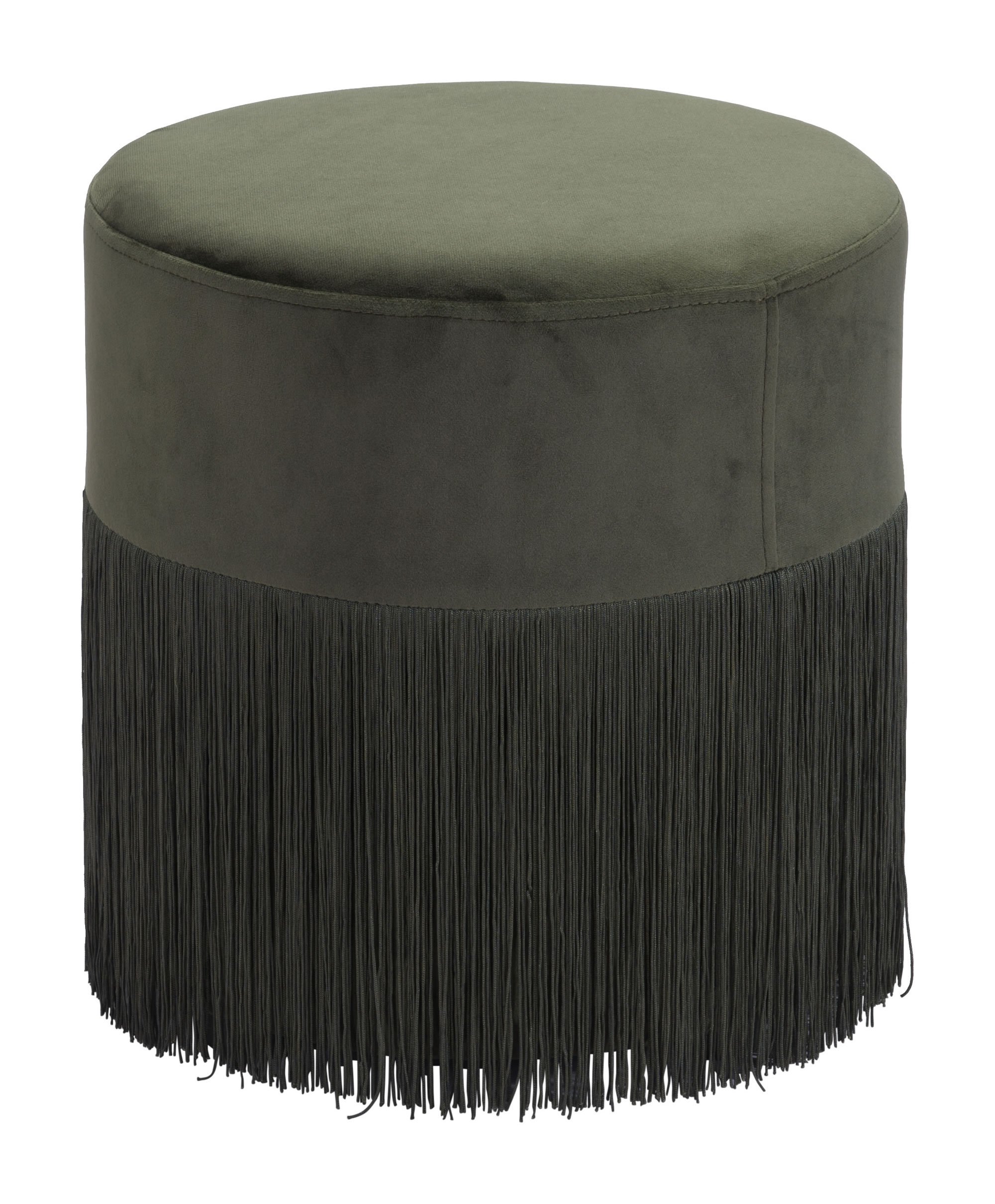 Forest Green Velvet Ottoman Stool with Tassels, showcasing its luxurious fabric and stylish design.