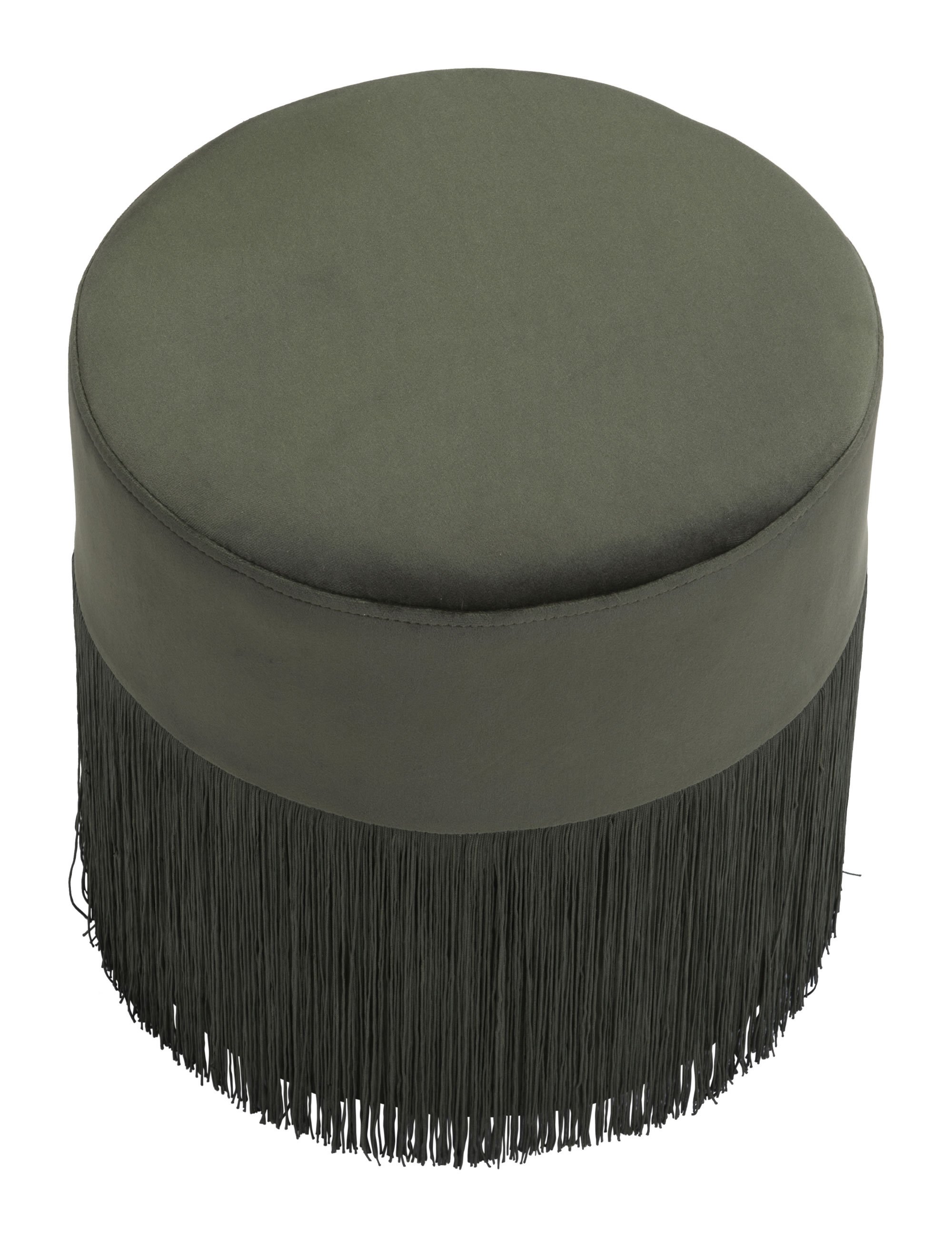 Forest Green Velvet Ottoman Stool with Tassels, showcasing its luxurious fabric and stylish design.