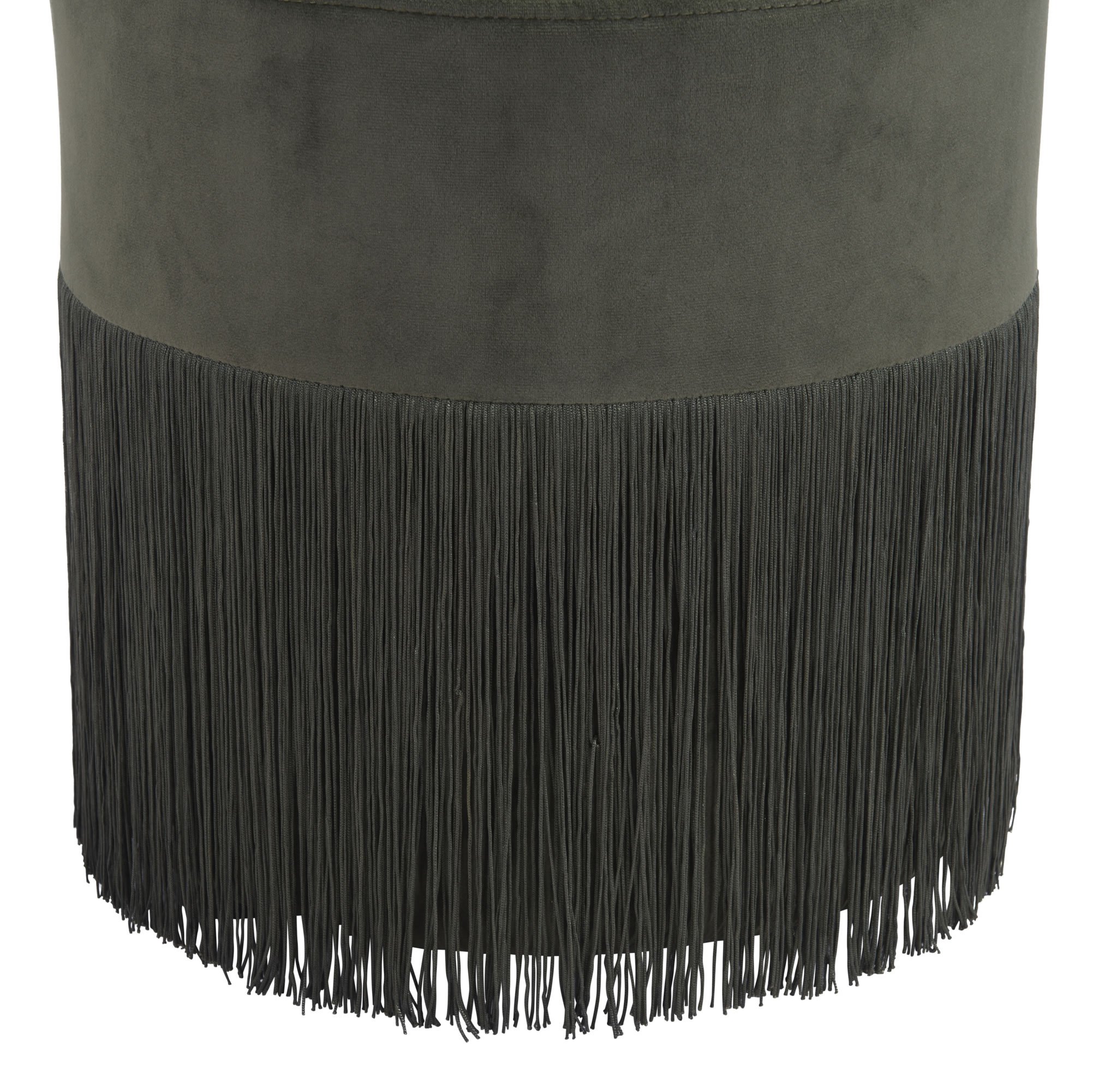 Forest Green Velvet Ottoman Stool with Tassels, showcasing its luxurious fabric and stylish design.