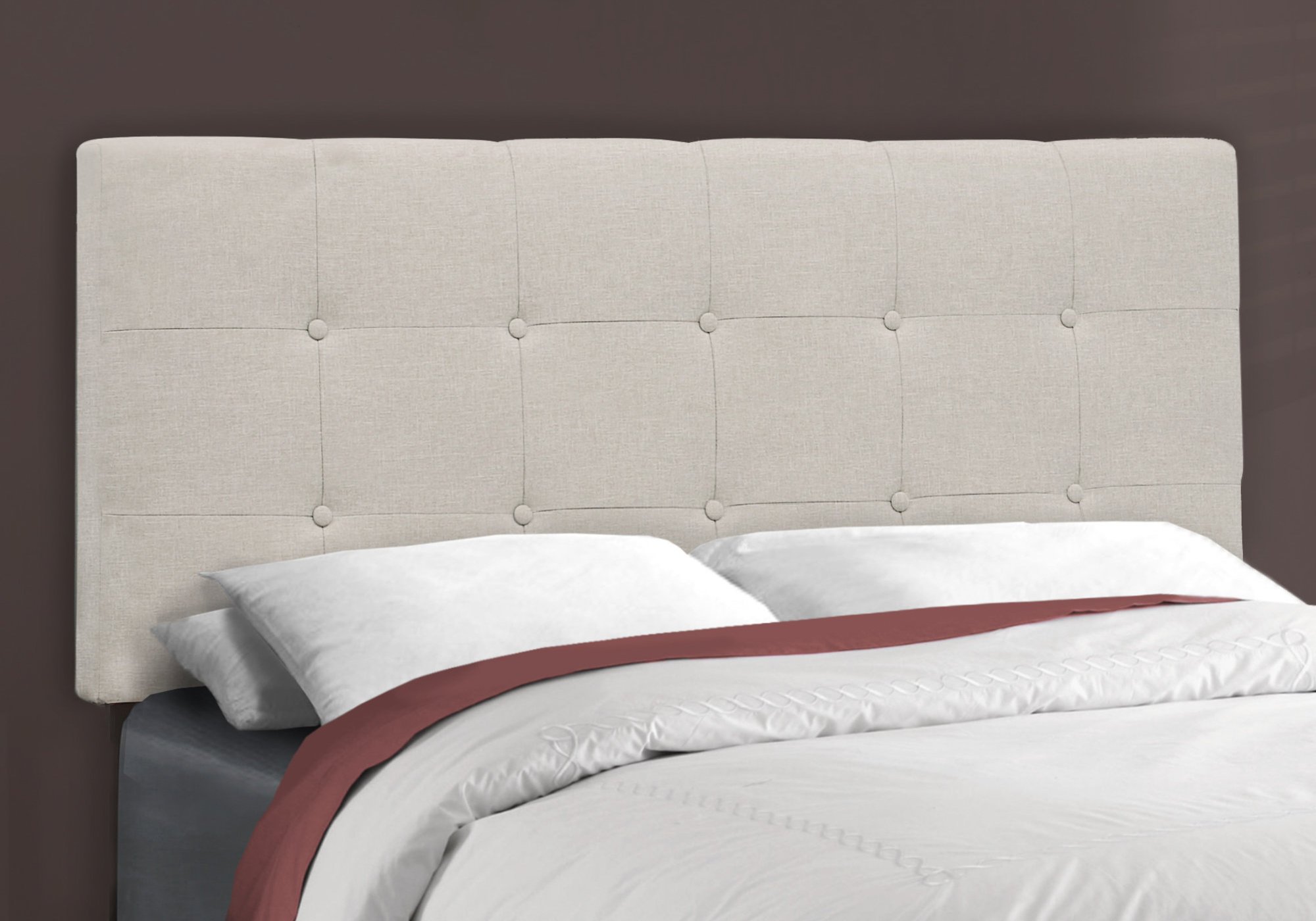 Full Size Beige Linen Bed featuring elegant upholstery and sturdy frame, perfect for enhancing bedroom decor.