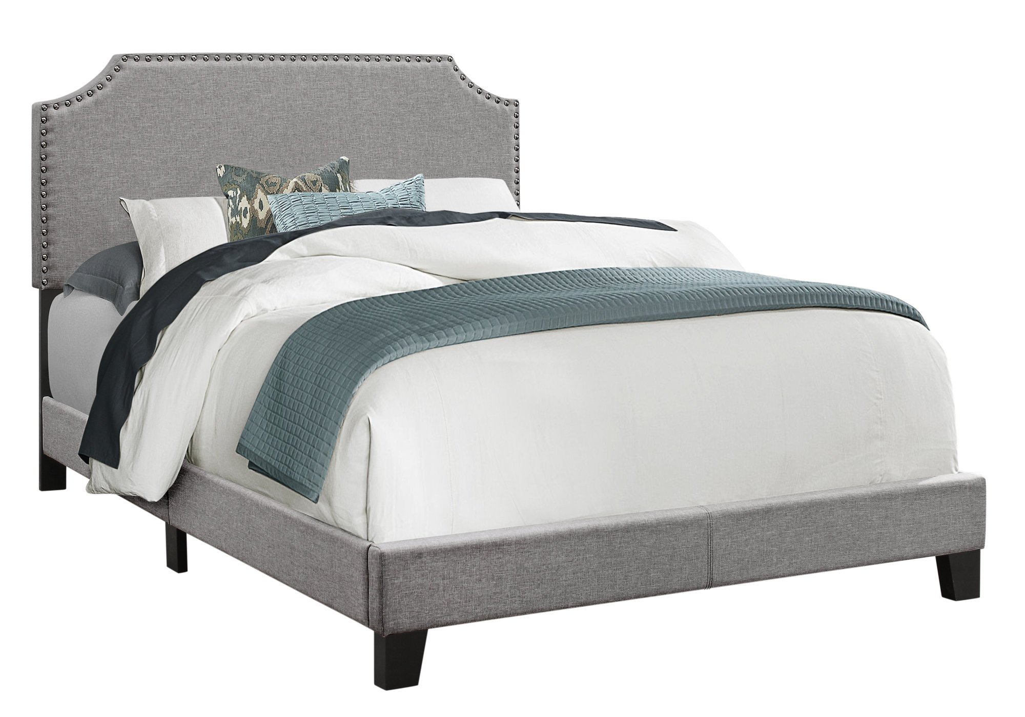 Full size grey linen bed with chrome trim and solid wood black feet, showcasing elegant design and comfortable upholstery.