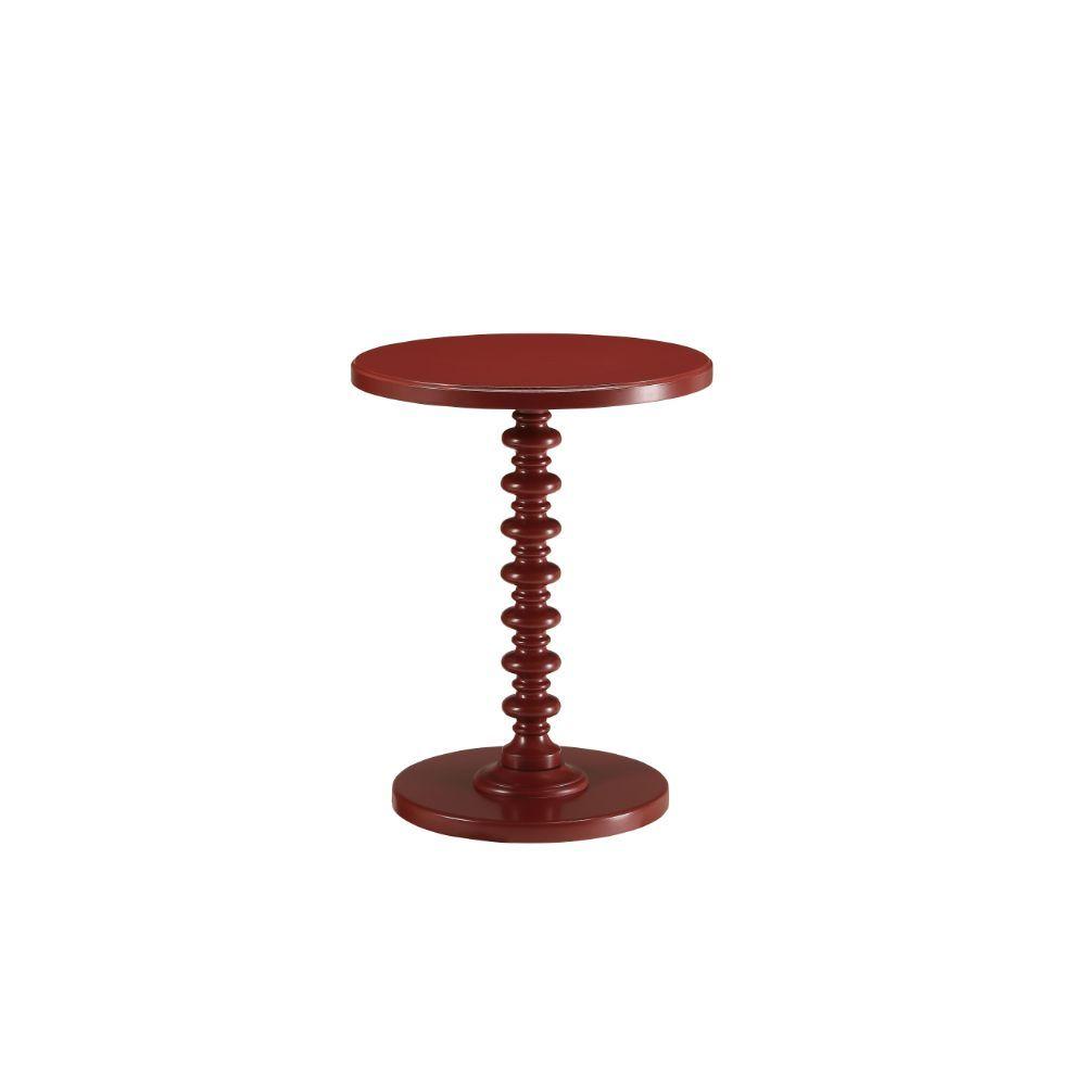 Fun Red Wood Pedestal End Table with round top and turned pedestal base, showcasing vibrant red color and stylish design.