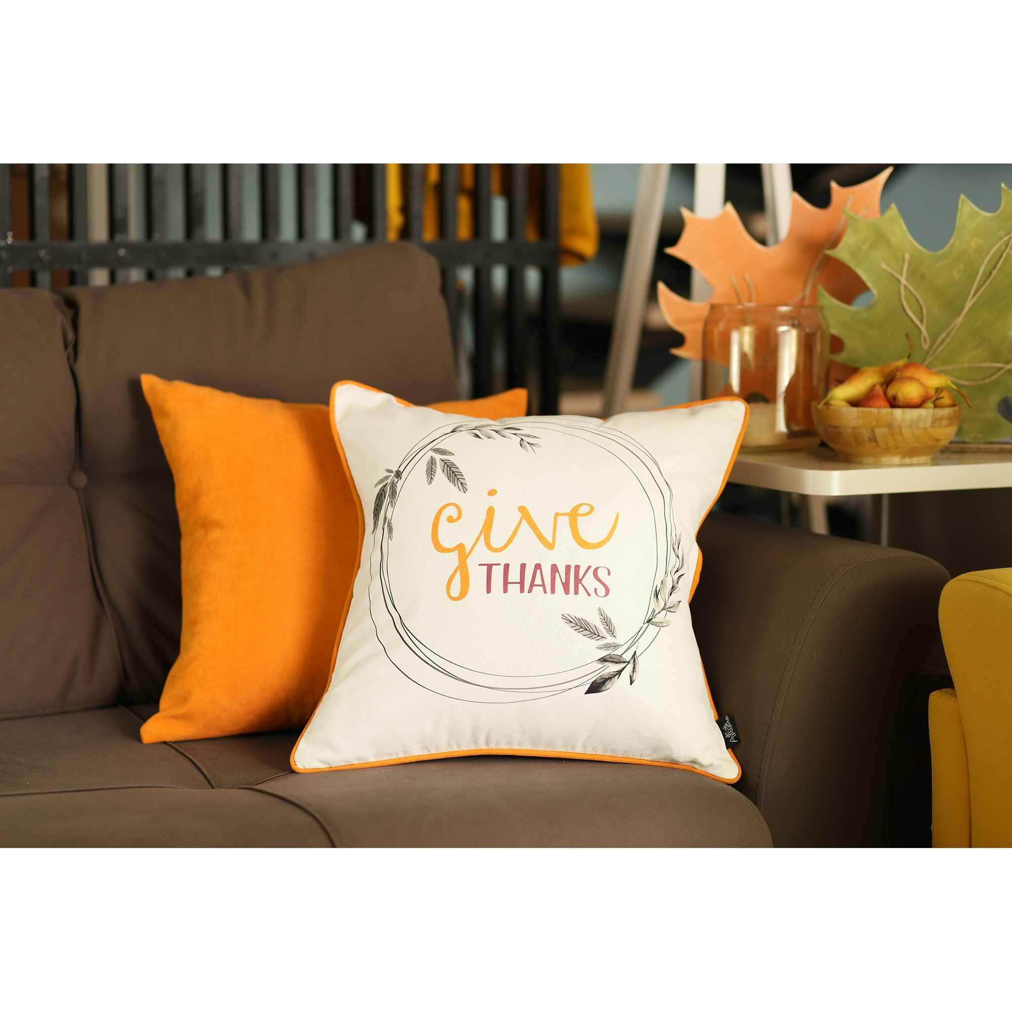 Colorful Give Thanks Square Printed Decorative Throw Pillow Cover with hidden zipper, featuring vibrant Thanksgiving designs on soft brushed fabric.