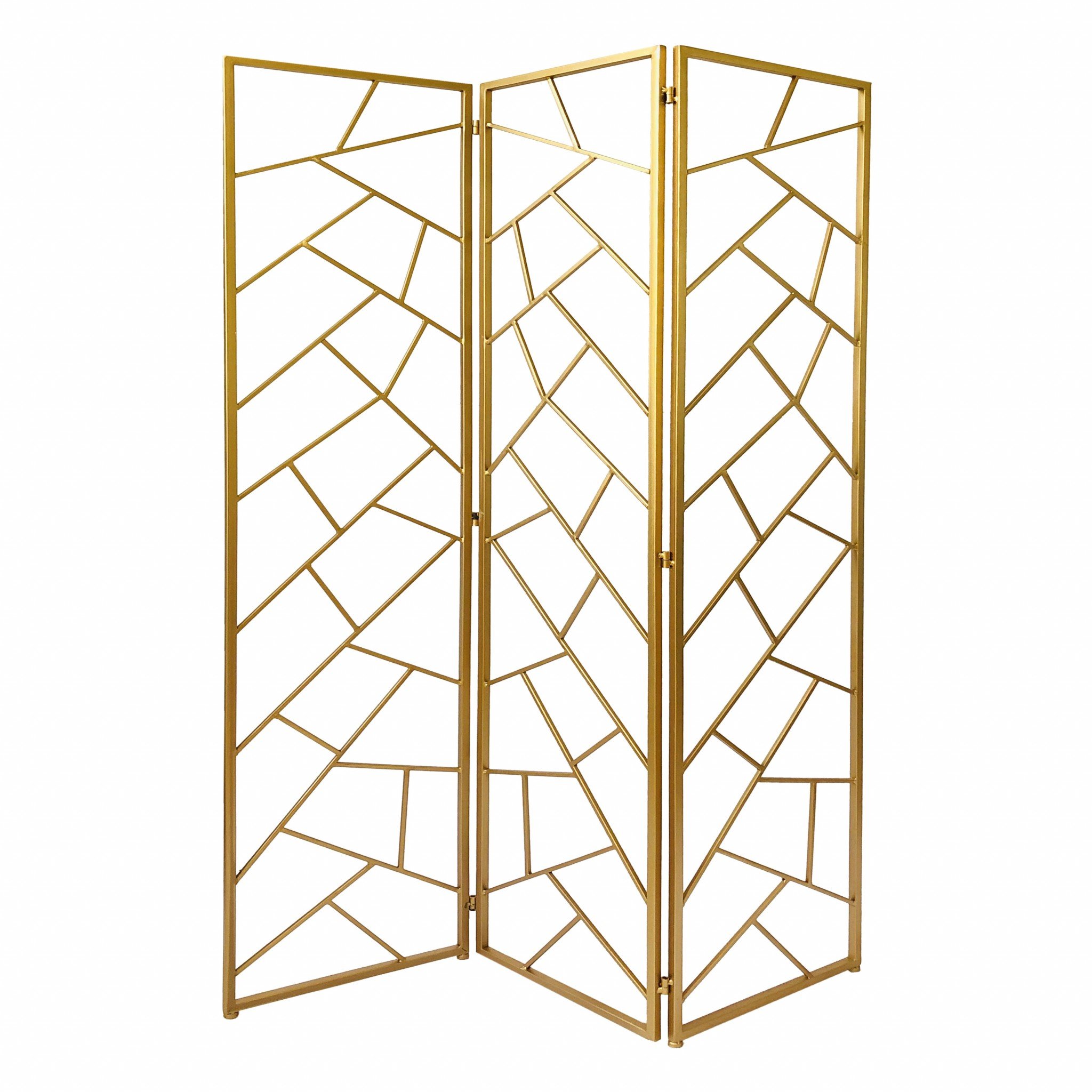 Golden Abstract Geo Three Panel Room Divider Screen featuring a geometric motif and elegant design, perfect for glam-inspired interiors.