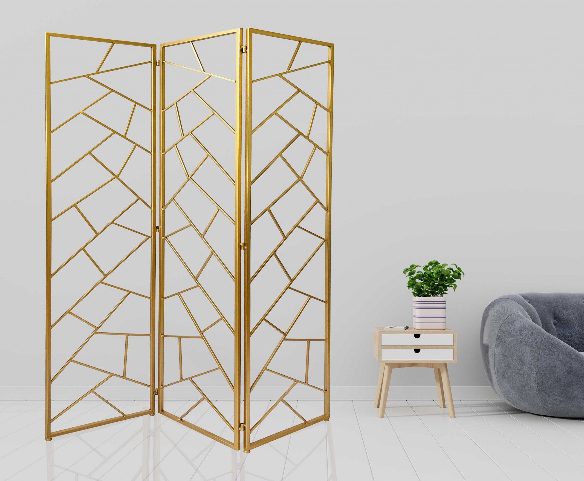 Golden Abstract Geo Three Panel Room Divider Screen featuring a geometric motif and elegant design, perfect for glam-inspired interiors.