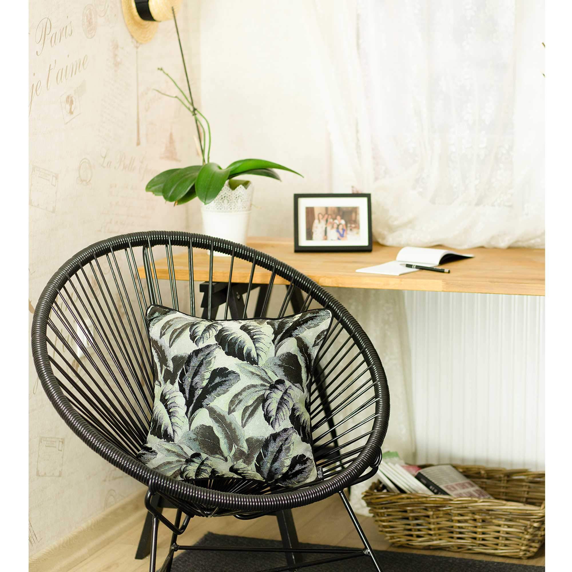 Gray Jacquard Tropical Leaf Decorative Throw Pillow Cover showcasing a tropical leaf pattern with a luxurious texture and hidden zipper closure.