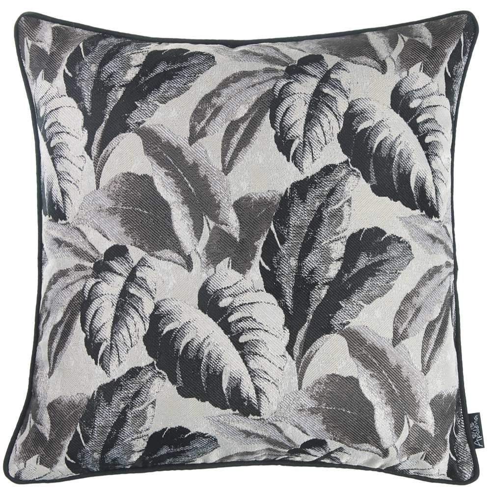 Gray Jacquard Tropical Leaf Decorative Throw Pillow Cover showcasing a tropical leaf pattern with a luxurious texture and hidden zipper closure.