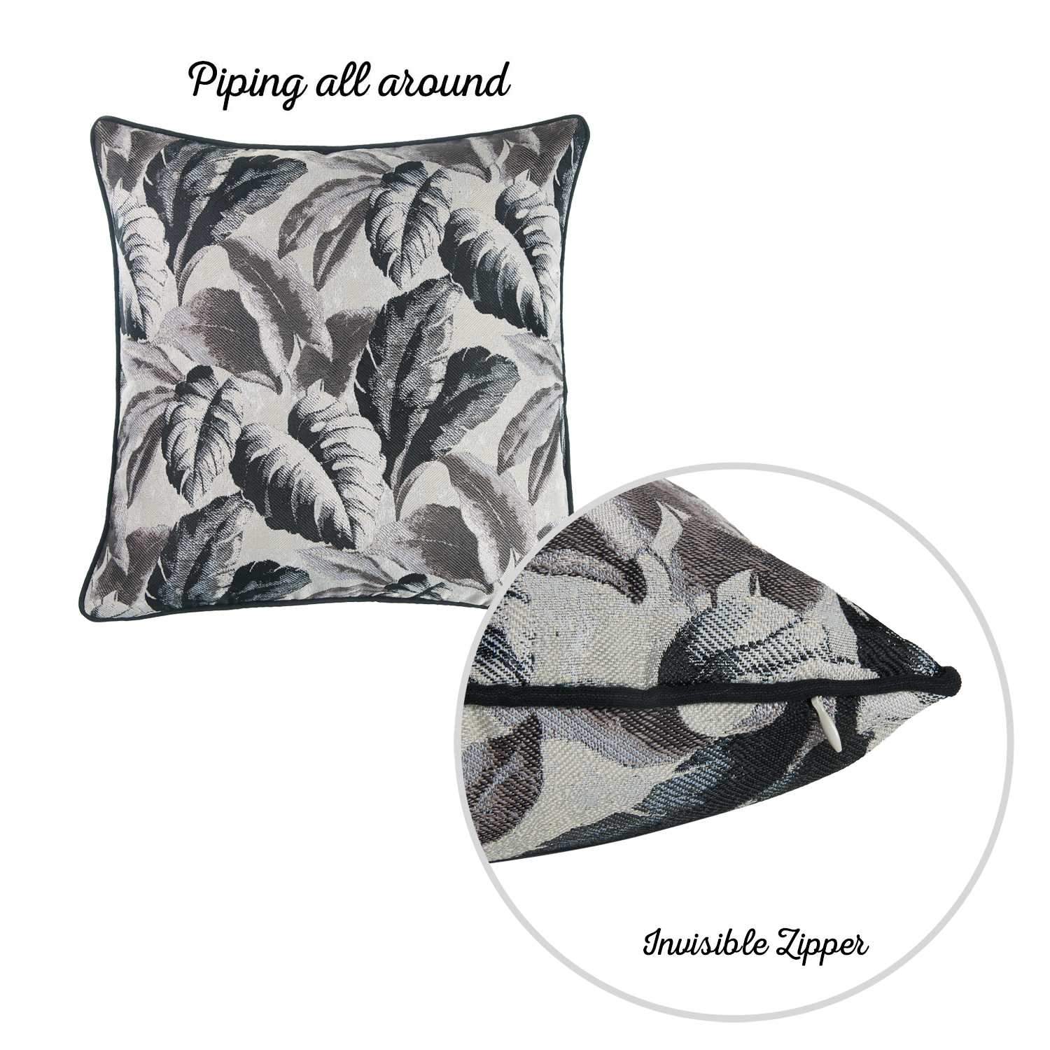 Gray Jacquard Tropical Leaf Decorative Throw Pillow Cover showcasing a tropical leaf pattern with a luxurious texture and hidden zipper closure.