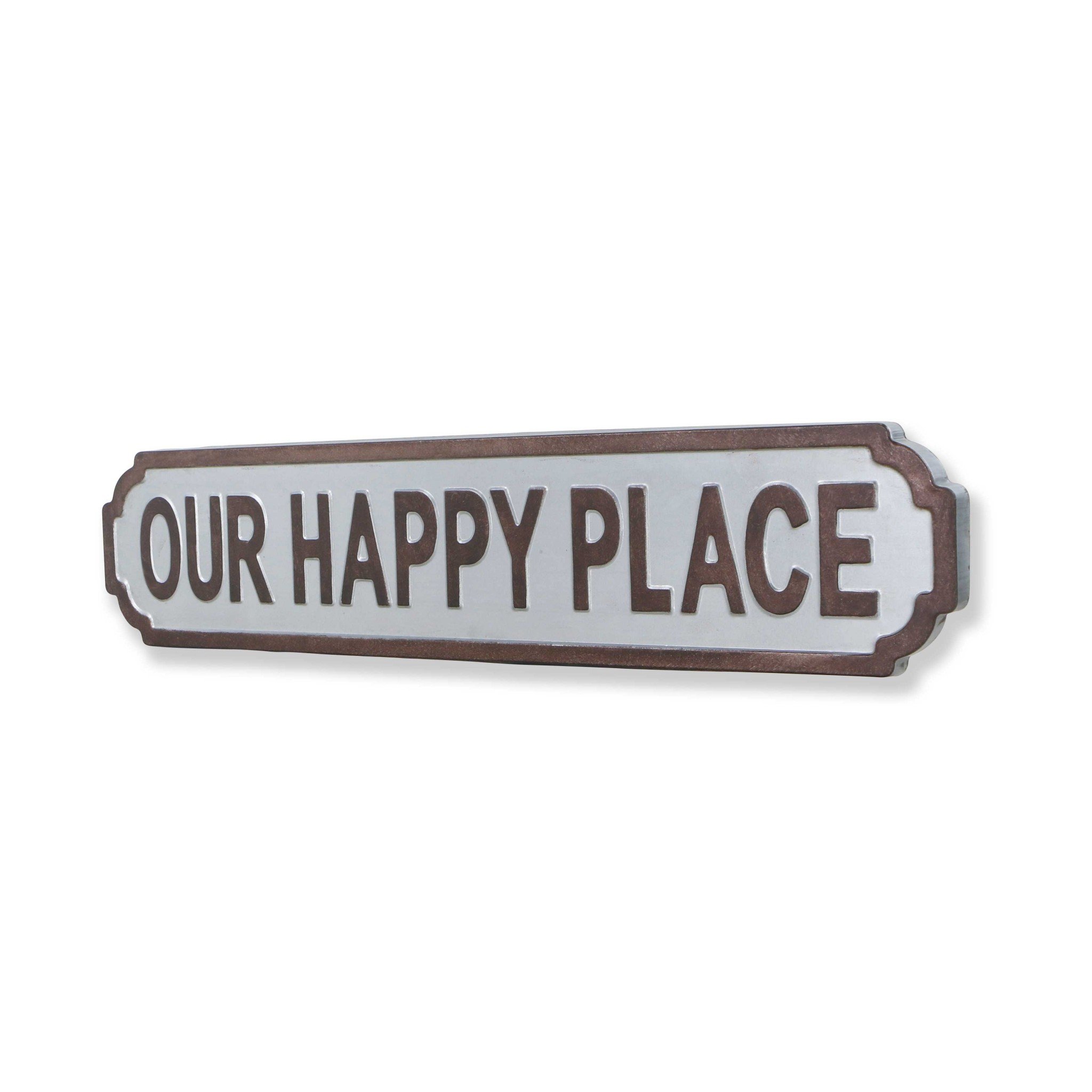 Gray metal wall mounted sign reading 'Our Happy Place' with raised lettering, showcasing a contemporary design.