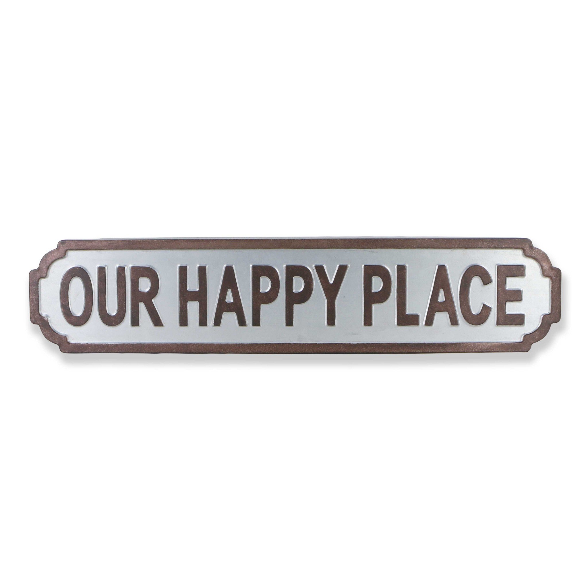 Gray metal wall mounted sign reading 'Our Happy Place' with raised lettering, showcasing a contemporary design.