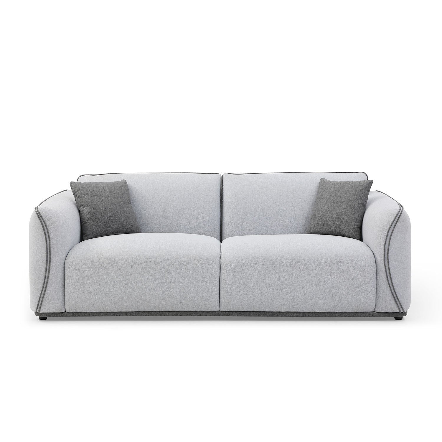 A modern grey upholstered sofa featuring a sleek design, high-density foam cushions, and a mid-century style, perfect for living rooms and small spaces.