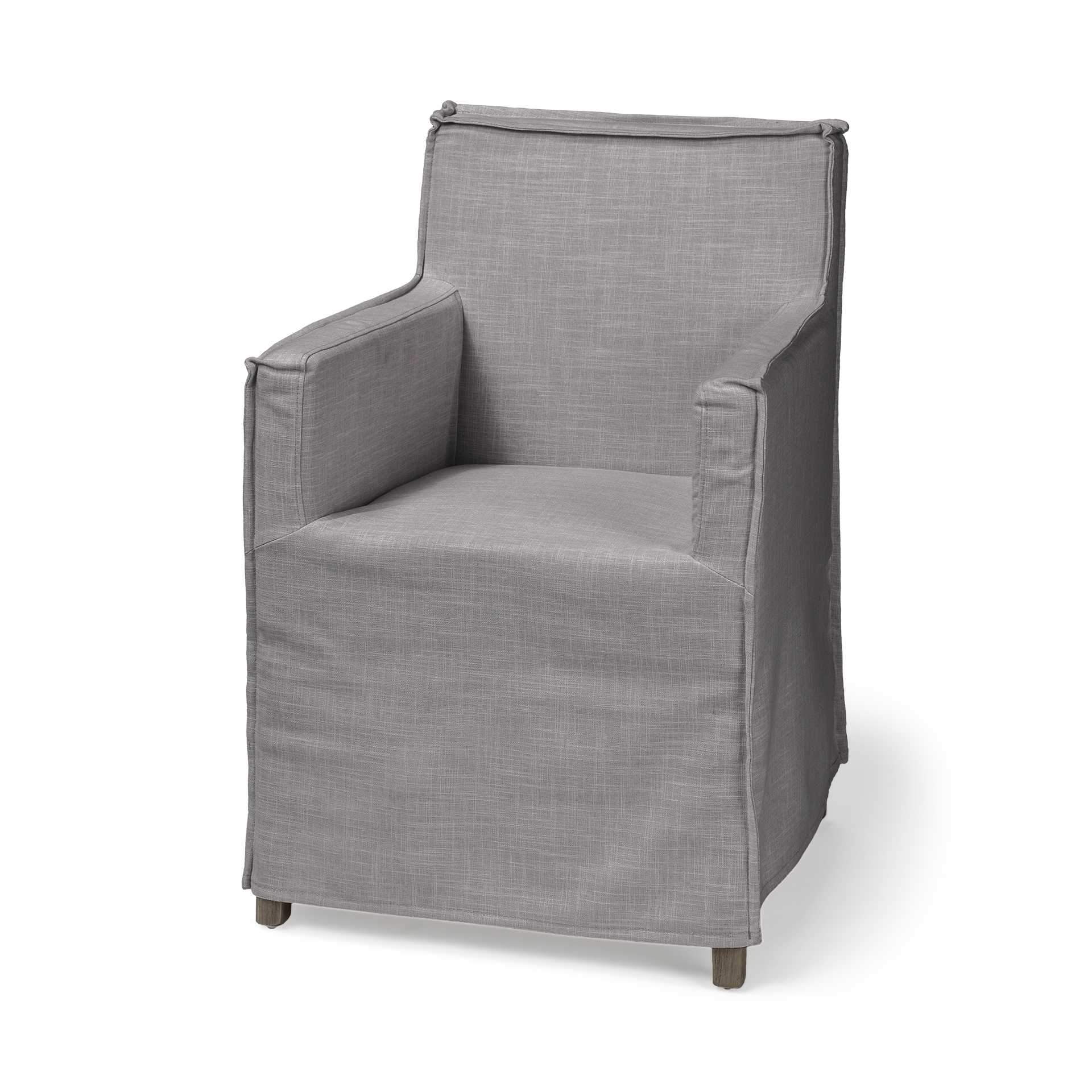 Grey fabric dining chair with a brown wooden base, showcasing a modern design and comfortable seating.