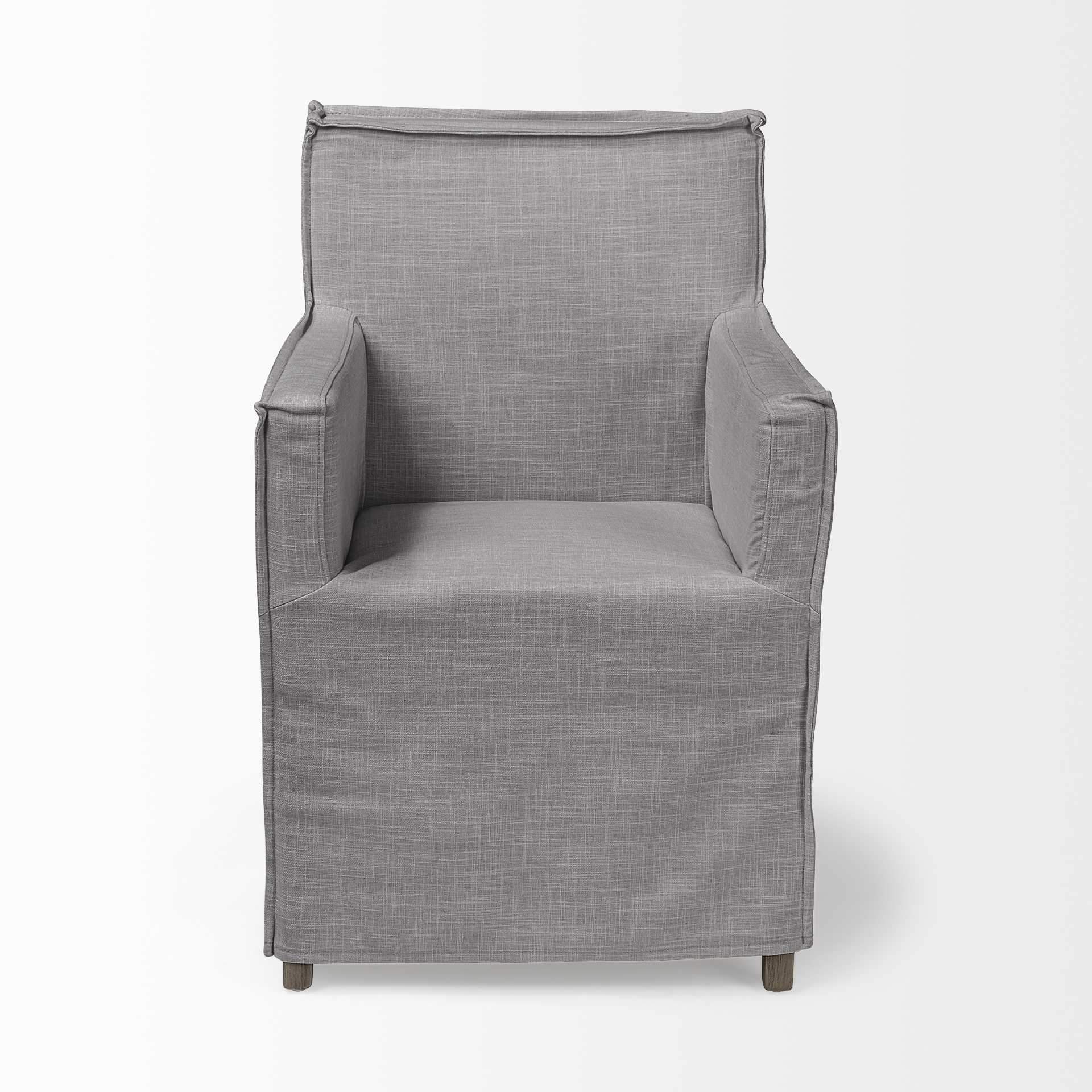 Grey fabric dining chair with a brown wooden base, showcasing a modern design and comfortable seating.
