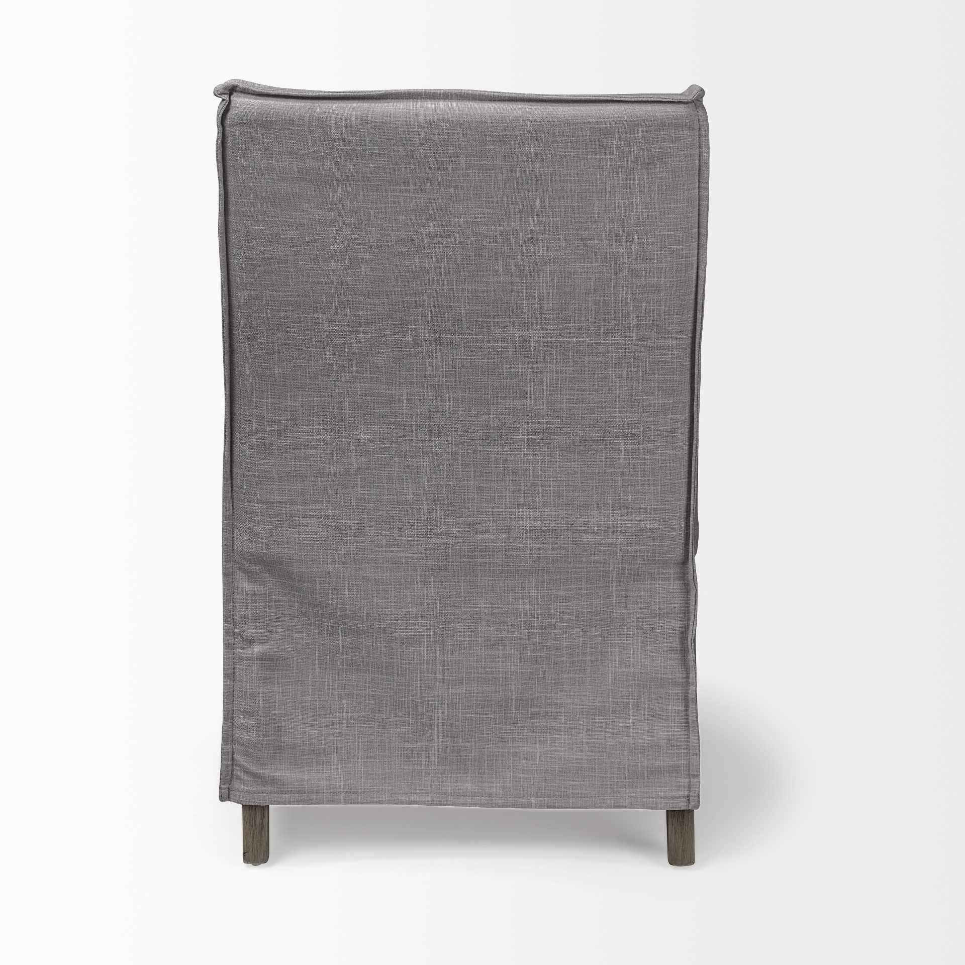 Grey fabric dining chair with a brown wooden base, showcasing a modern design and comfortable seating.