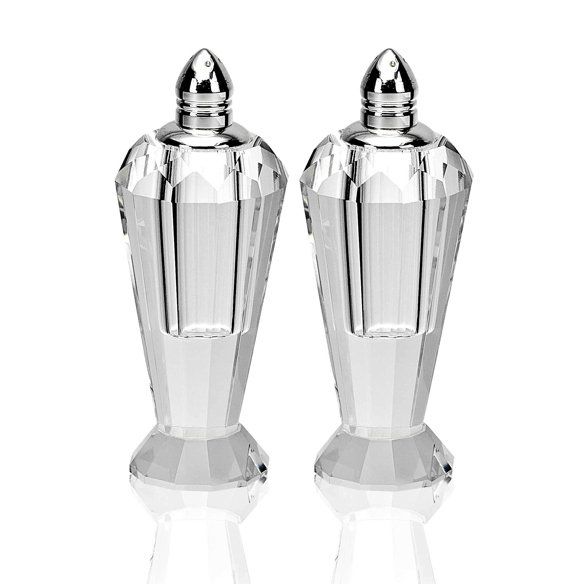 Elegant handcrafted optical crystal and silver salt and pepper shakers, showcasing intricate design and high-quality materials.