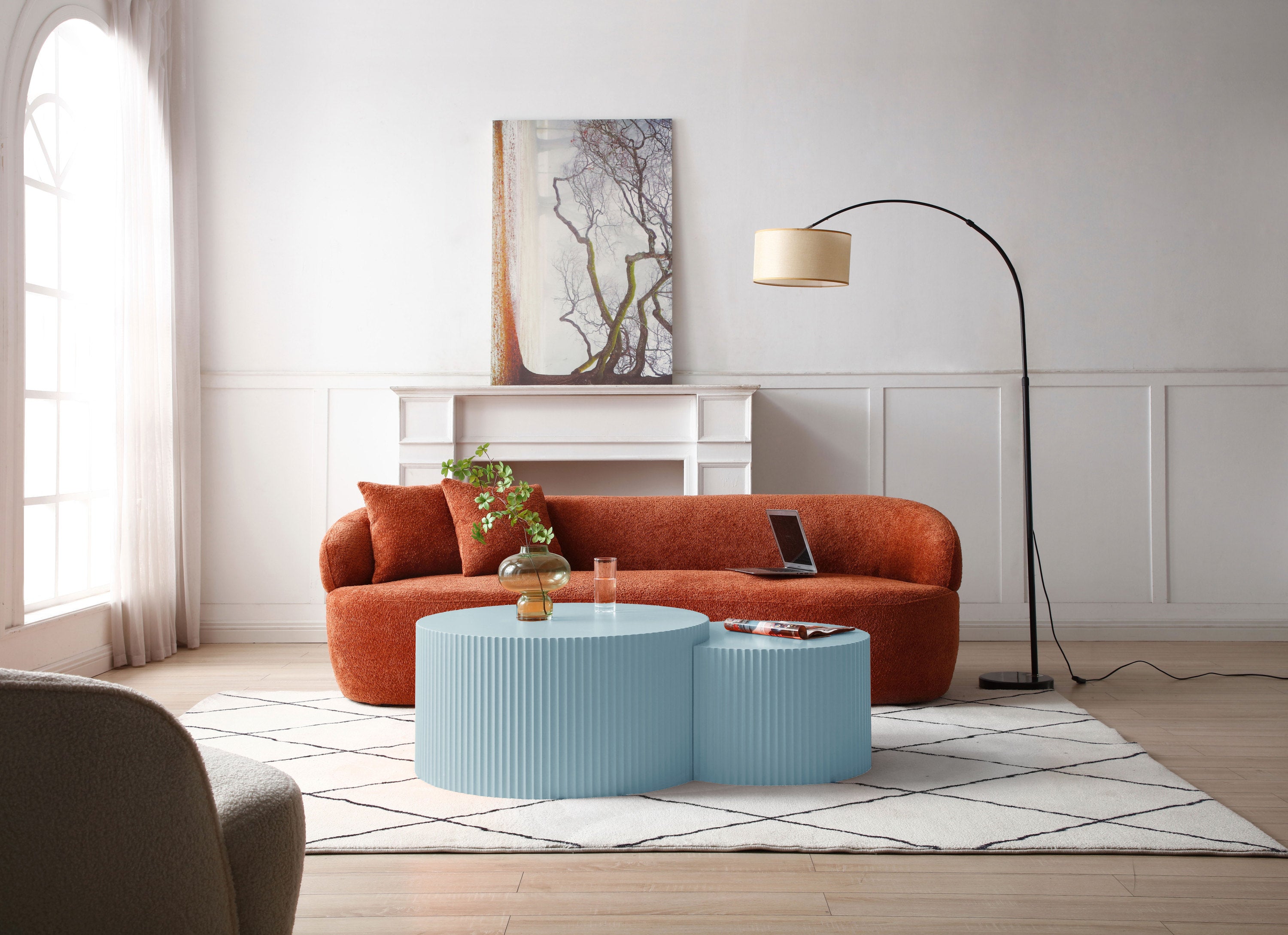 Handcrafted Relief MDF Nesting Table Set of 2 in light blue, showcasing elegant design and craftsmanship.