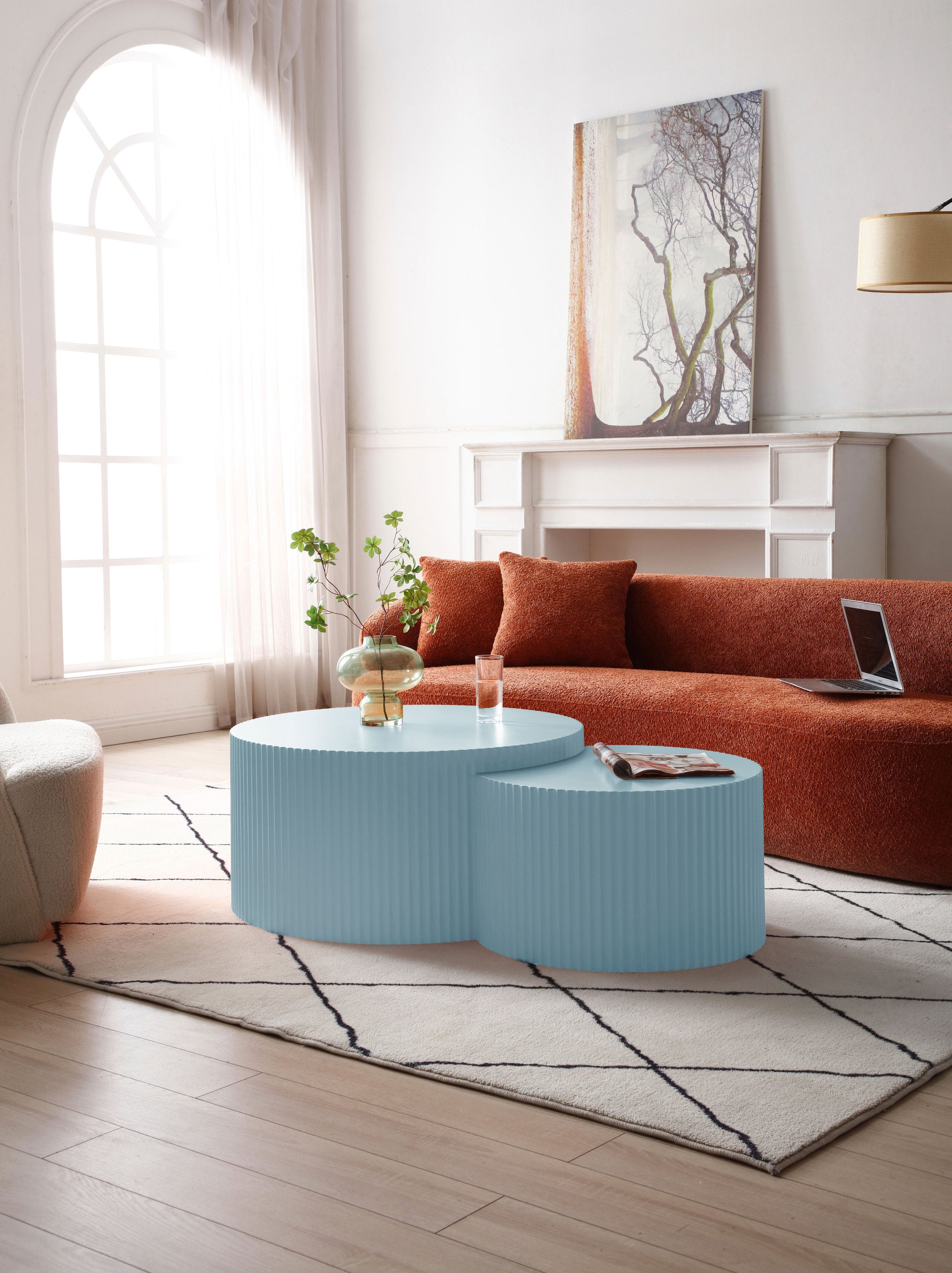 Handcrafted Relief MDF Nesting Table Set of 2 in light blue, showcasing elegant design and craftsmanship.