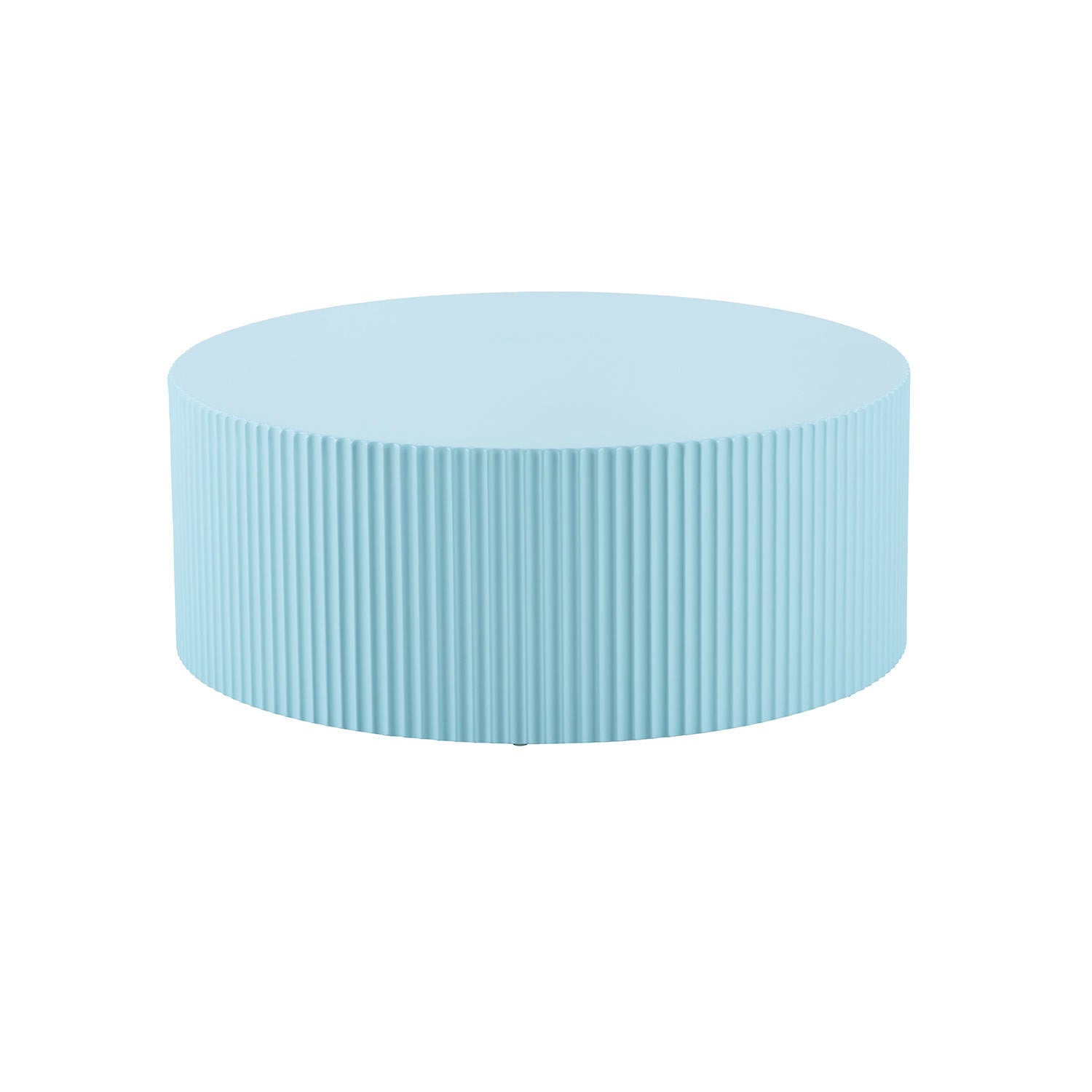 Handcrafted round coffee table in light blue with elegant relief detailing, showcasing its smooth finish and stylish design.