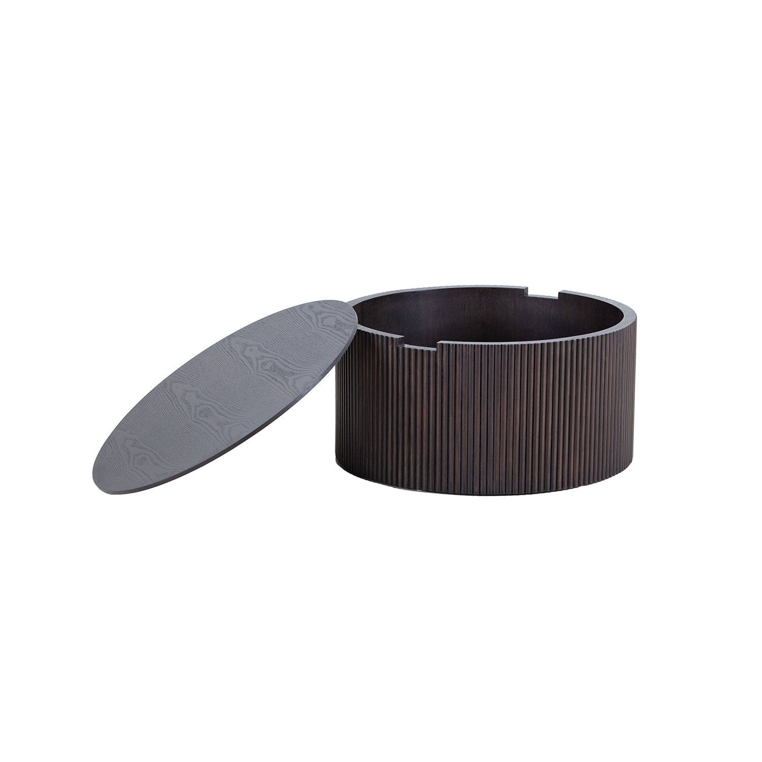 Handmade Round Coffee Table made from Fraxinus mandshurica with a smoky finish, featuring a polished wooden top and sturdy legs.