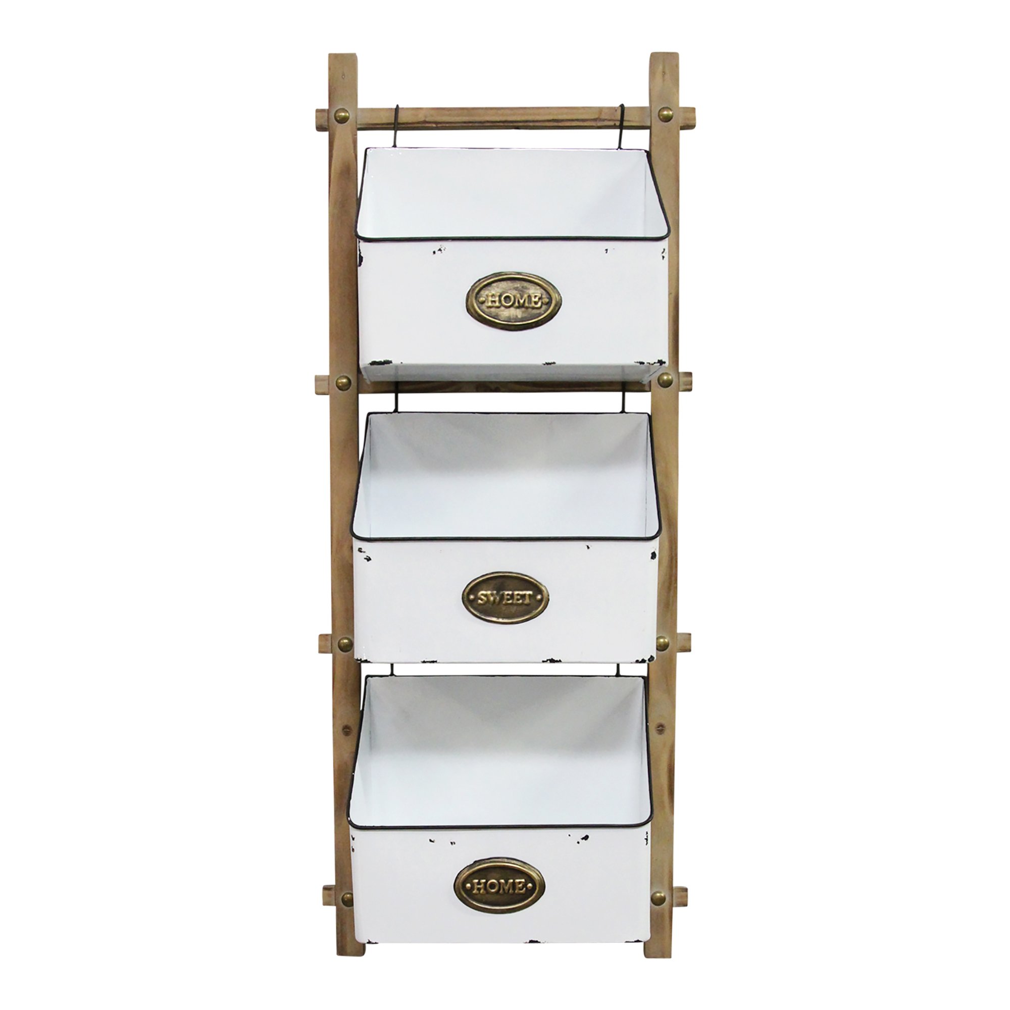 Three-tiered antique gold baskets made of wood and metal, featuring the quote 'Home Sweet Home' on each basket, designed for wall hanging.